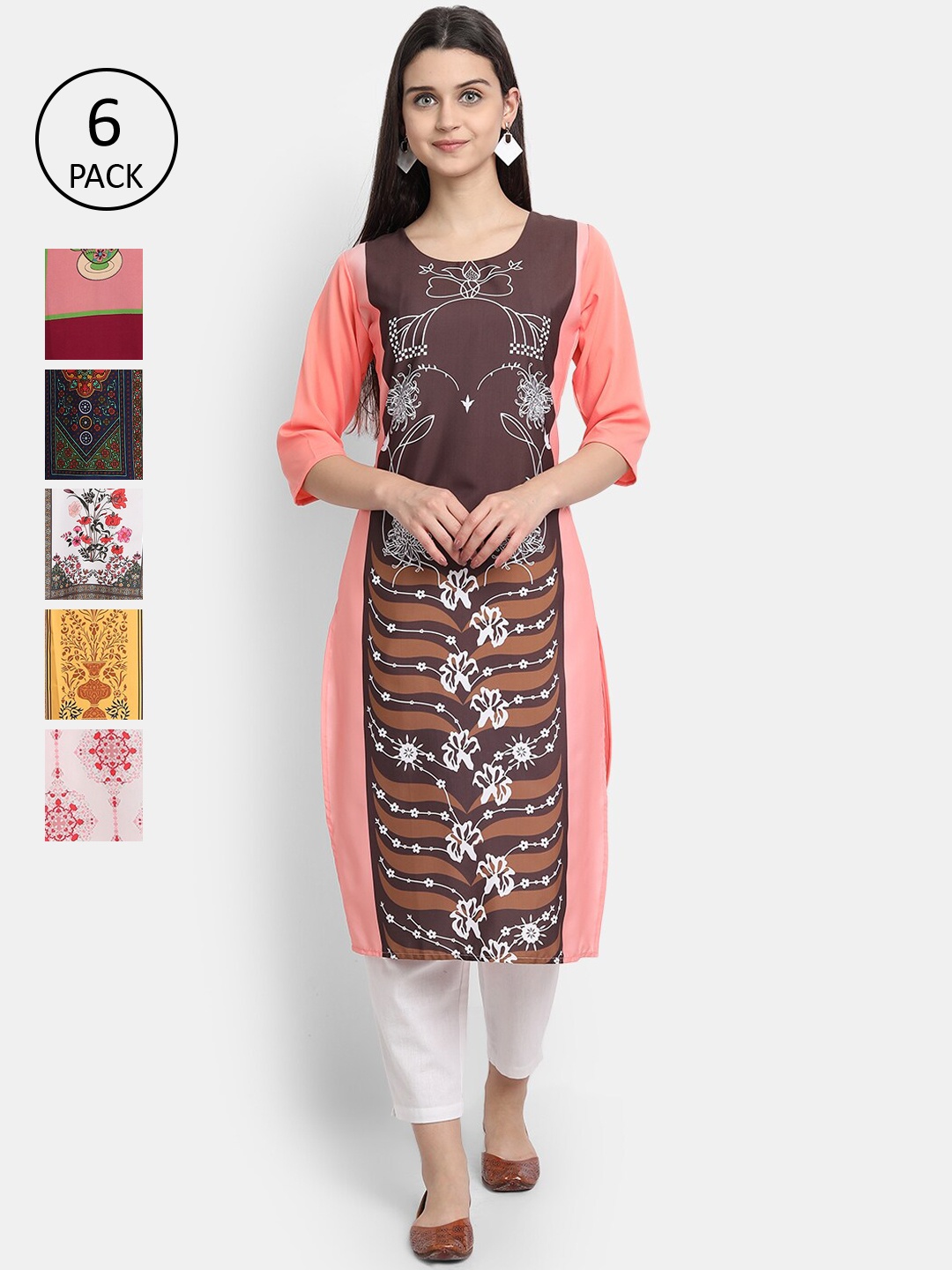 

Ethnic basket Women Pack of 6 Multicoloured Printed Crepe Kurtas, Multi