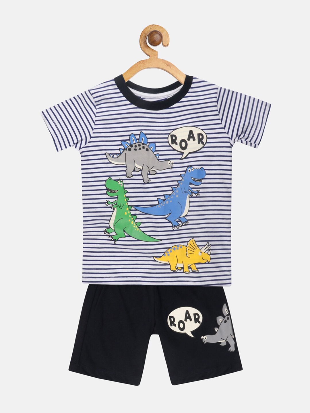 

Lazy Shark Boys White & Navy Blue Striped T-shirt with Shorts