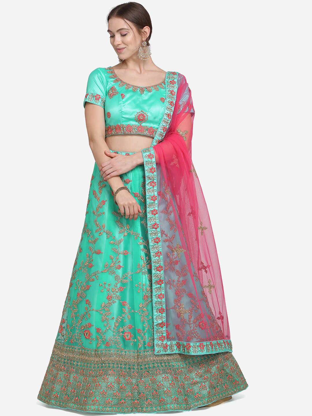 

VRSALES Sea Green & Pink Embroidered Semi-Stitched Lehenga & Unstitched Blouse with Dupatta