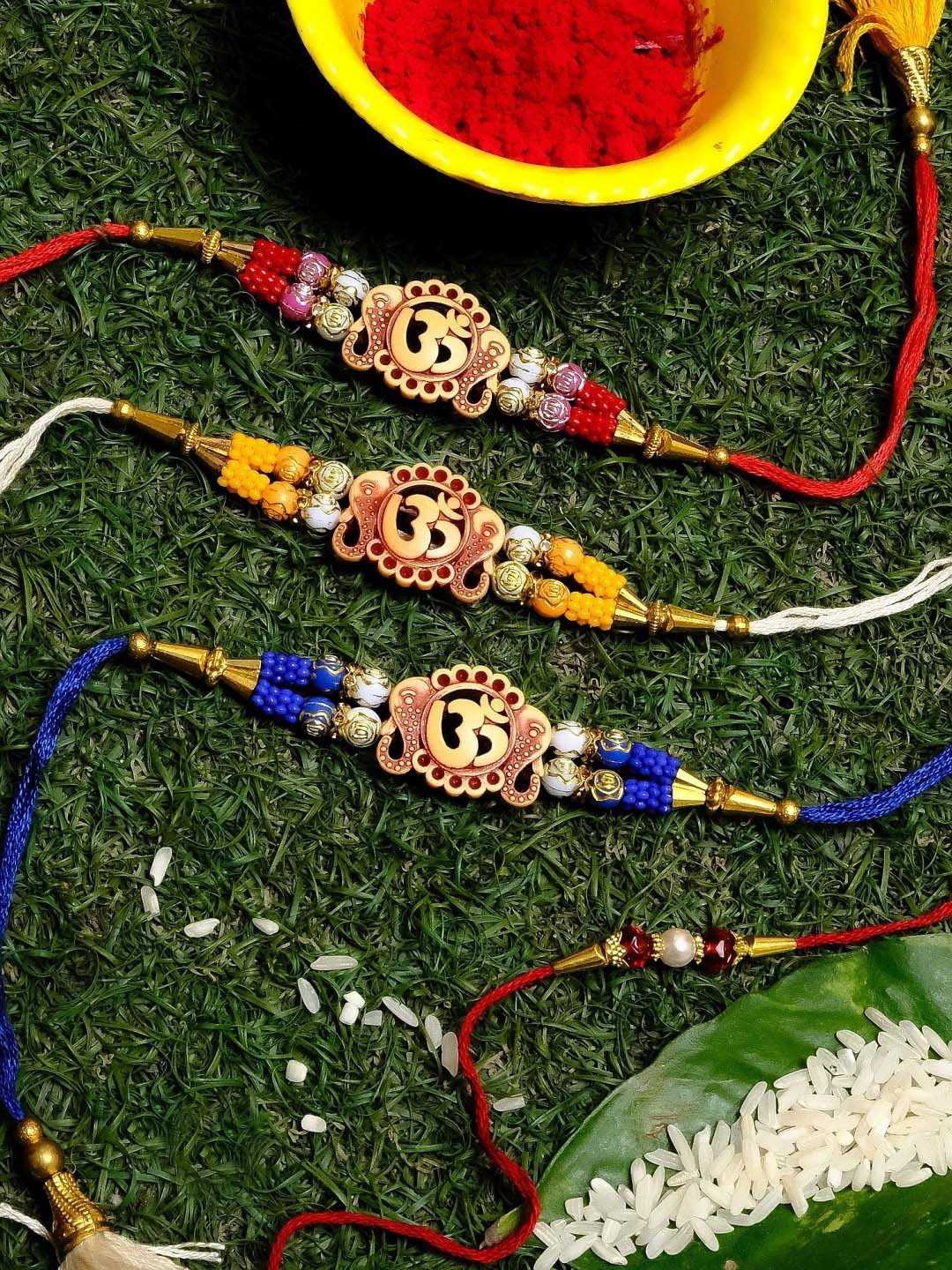 

Crunchy Fashion Men Set of 4 Blue & Red Stone-Studded Beaded Rakhi