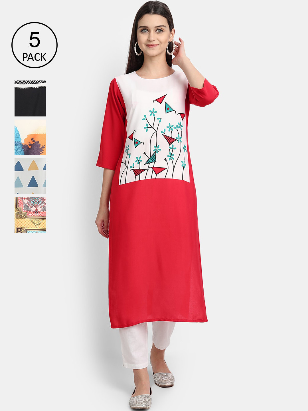 

Ethnic basket Women Pack of 5 Floral Printed Crepe Kurta, Multi