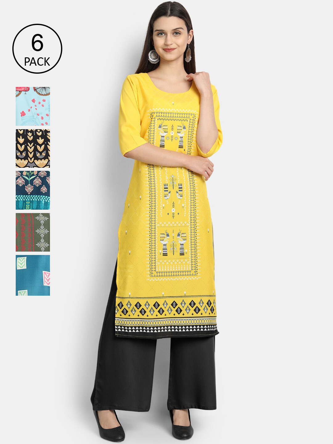 

Ethnic basket Women Pack Of 6 Floral Printed Crepe Kurta, Multi