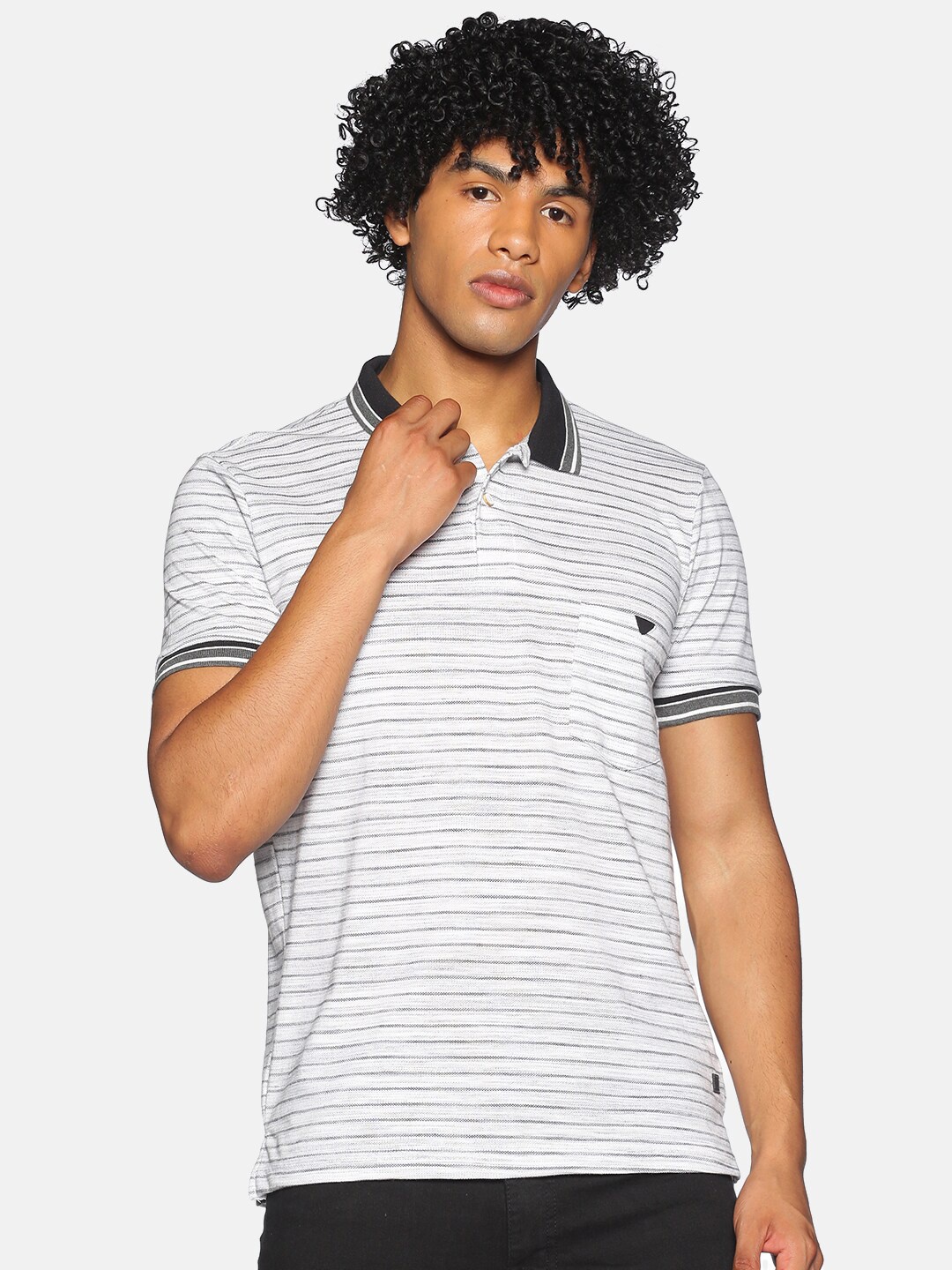 

Campus Sutra Men Grey Melange Striped Cotton Polo Collar T-shirt