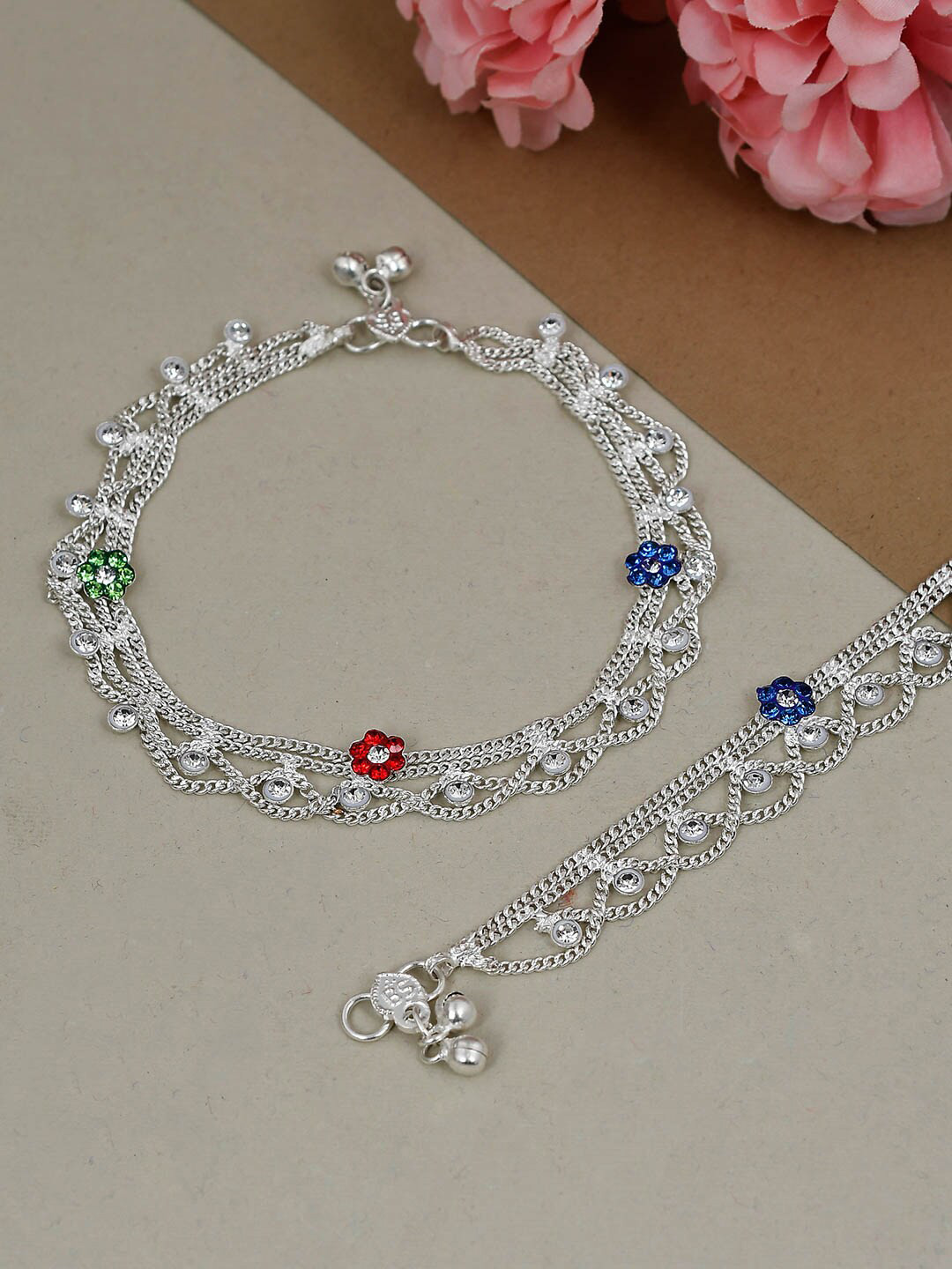 

Silvermerc Designs Set Of 2 Silver-Plated Blue & Red Stone-Studded Layered Tasseled Floral Anklets
