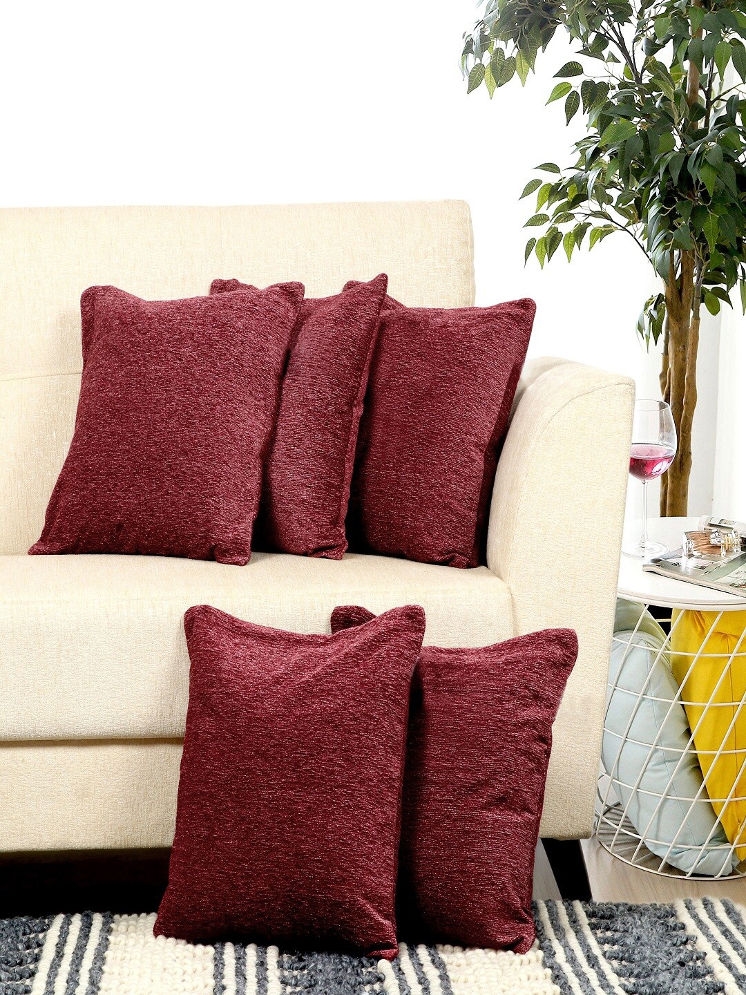 

BELLA TRUE Maroon Set of 5 Self Design Square Cushion Covers