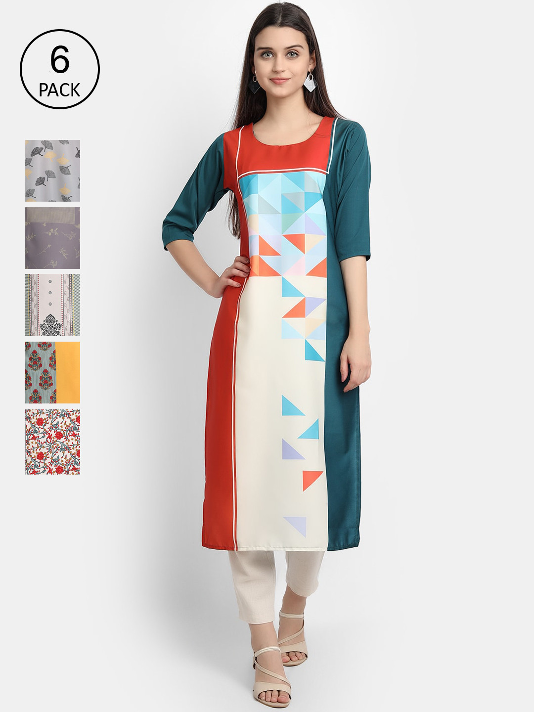 

Ethnic basket Pack of 6 Women Multicoloured Ethnic Motifs Printed Crepe Kurta, Multi