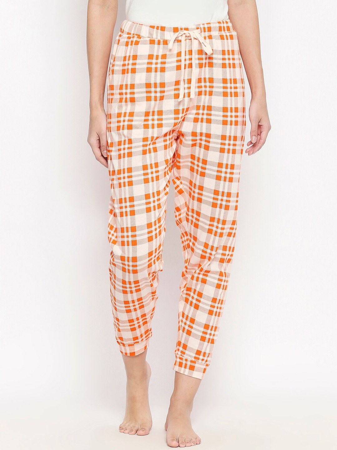 

People Women Peach-Coloured & Orange Checked Tailored-Fit Pure Cotton Lounge Pants