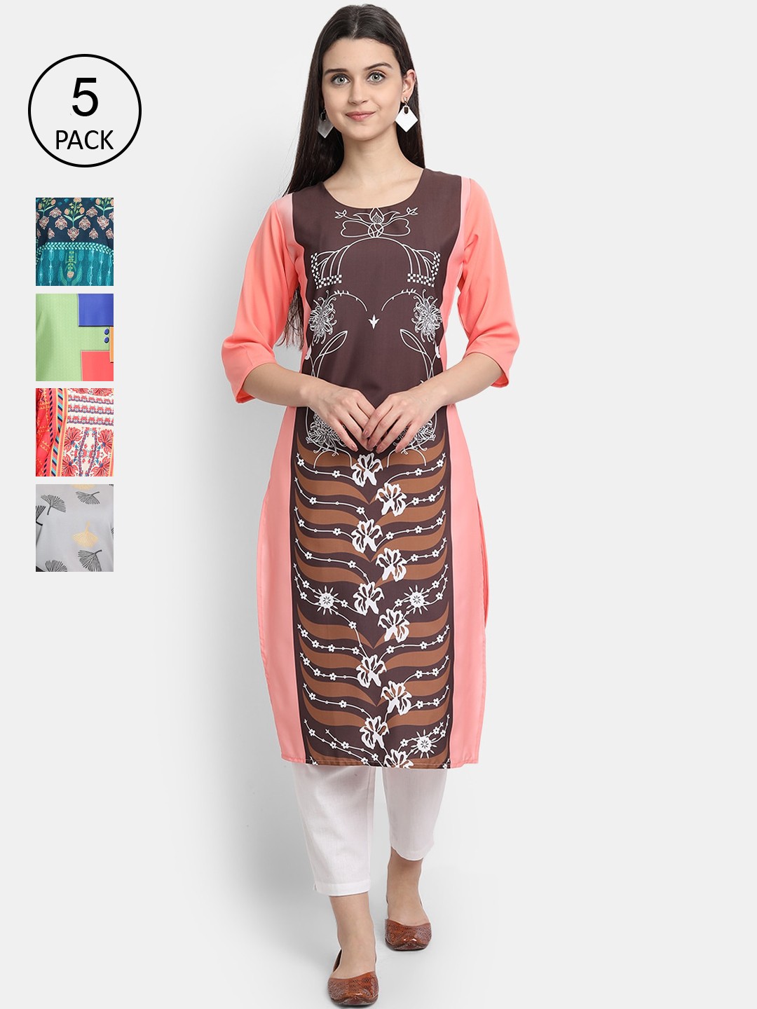 

Ethnic basket Women Pack Of 5 Printed Crepe Kurta, Pink