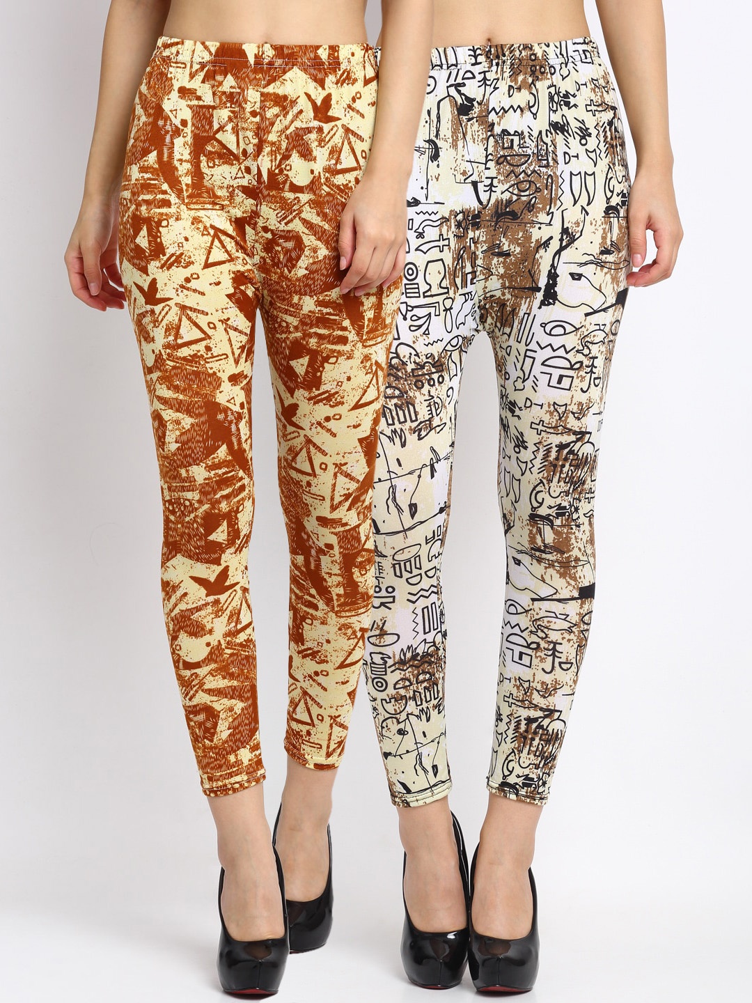 

NEUDIS Women Pack Of 2 Printed Skinny-Fit Ankle-Length Leggings, Yellow