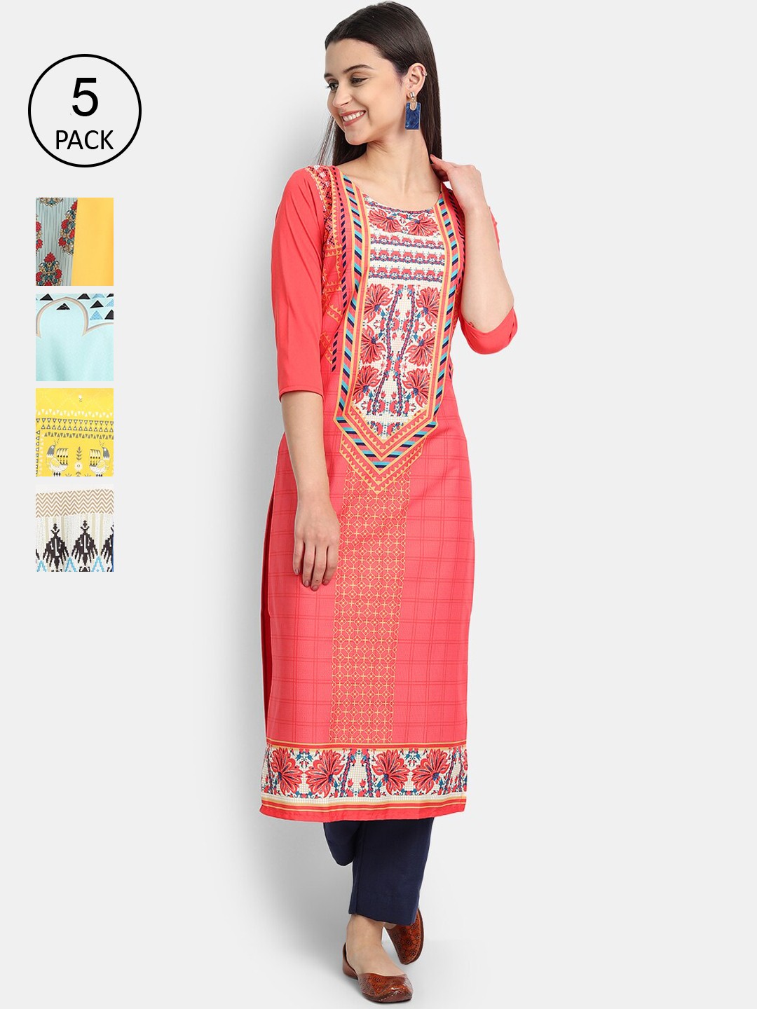 

Ethnic basket Pack of 5 Women Multicoloured Ethnic Motifs Printed Crepe Kurta, Multi