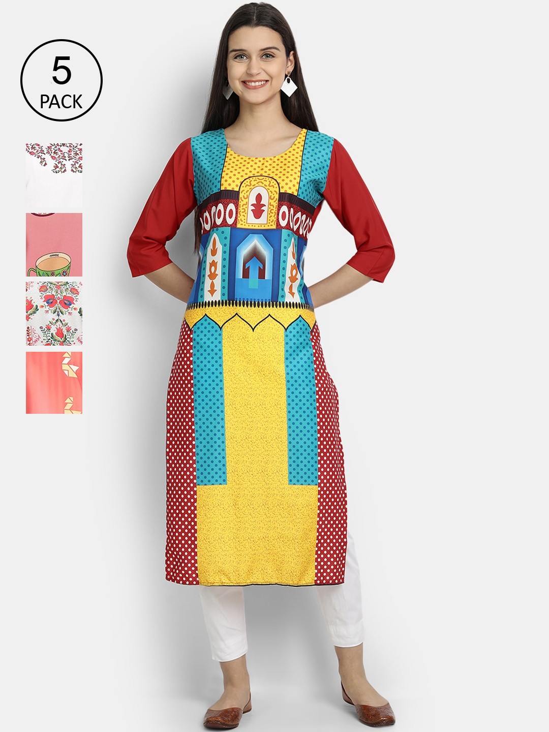 

Ethnic basket Women Pack Of 5 Printed Crepe Kurta, Yellow