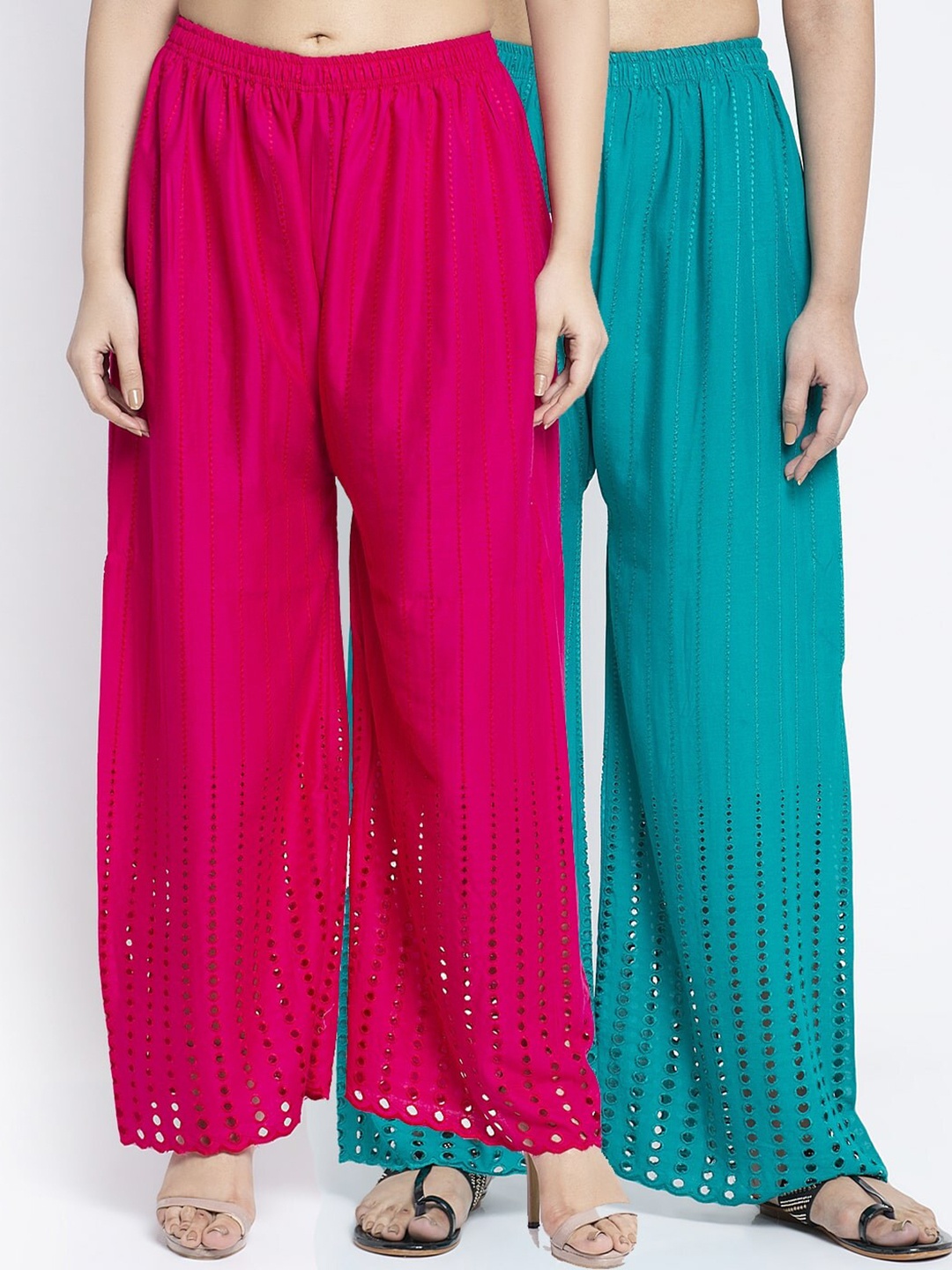 GRACIT Pack of 2 Women Pink & Turquoise Blue Embroidered Knitted Palazzos