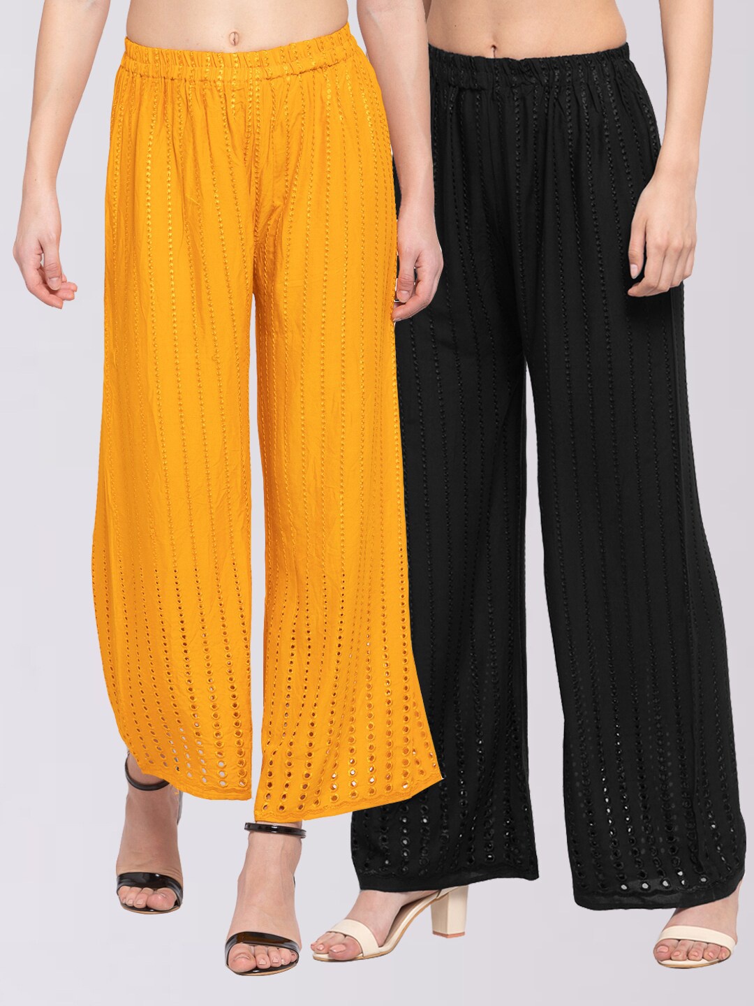 

KLOTTHE Women Pack of 2 Yellow & Black Embroidered Wide Leg Palazzos