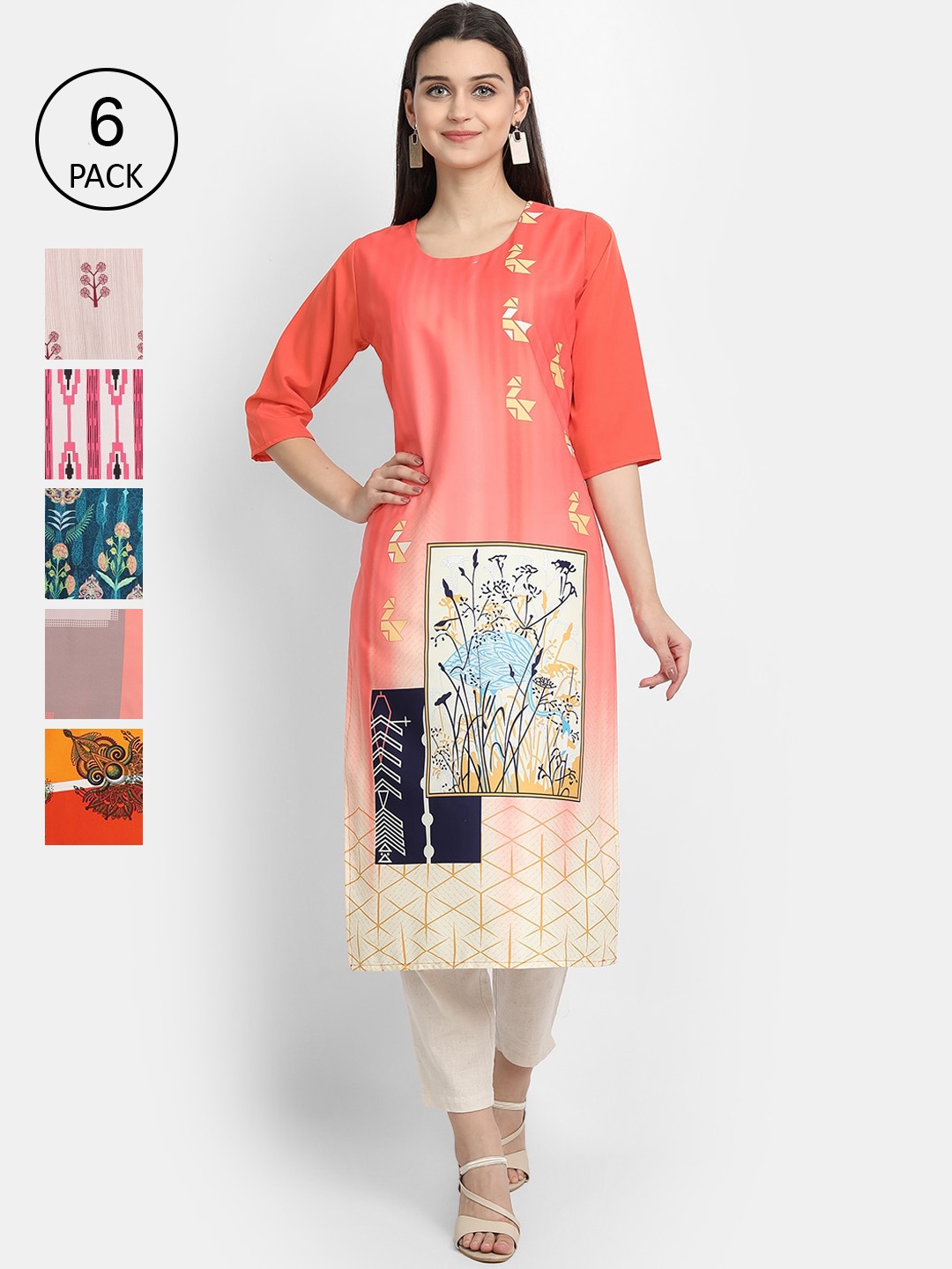 

Ethnic basket Women Set of 6 Multicoloured Ethnic Motifs Printed Crepe Kurta, Multi