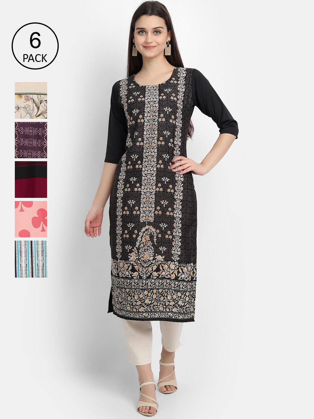 

Ethnic basket Women Pack Of 6 Printed Crepe Kurtas, Multi