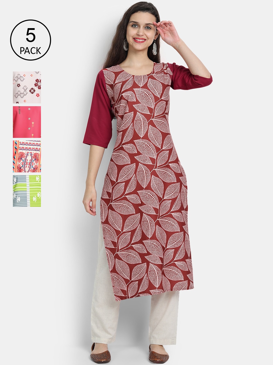 

Ethnic basket Women Pack Of 5 Multicoloured Floral Printed Crepe Kurtas, Multi