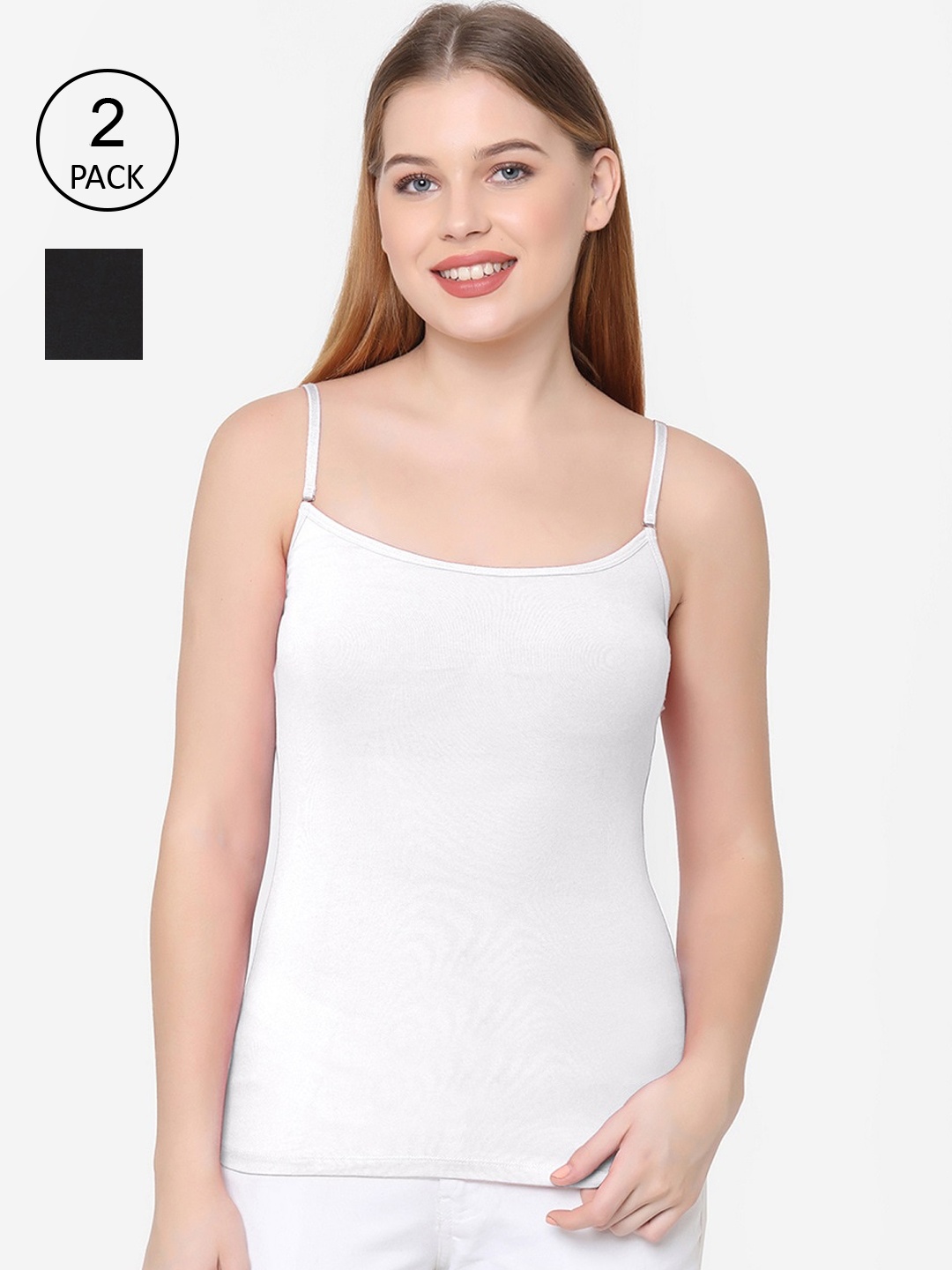 

Soie Women Pack of 2 White & Black Solid Non-Padded Camisoles