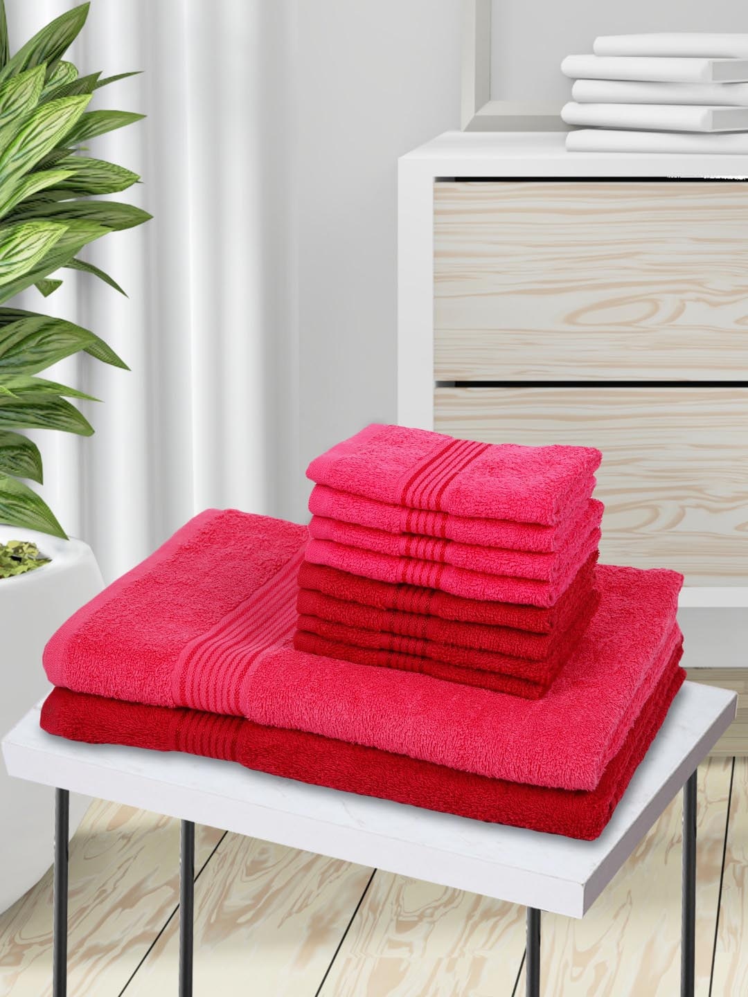 

KOPA Unisex Set Of 10 Solid 380 GSM Pure Cotton Super-Soft Terry Towels, Red