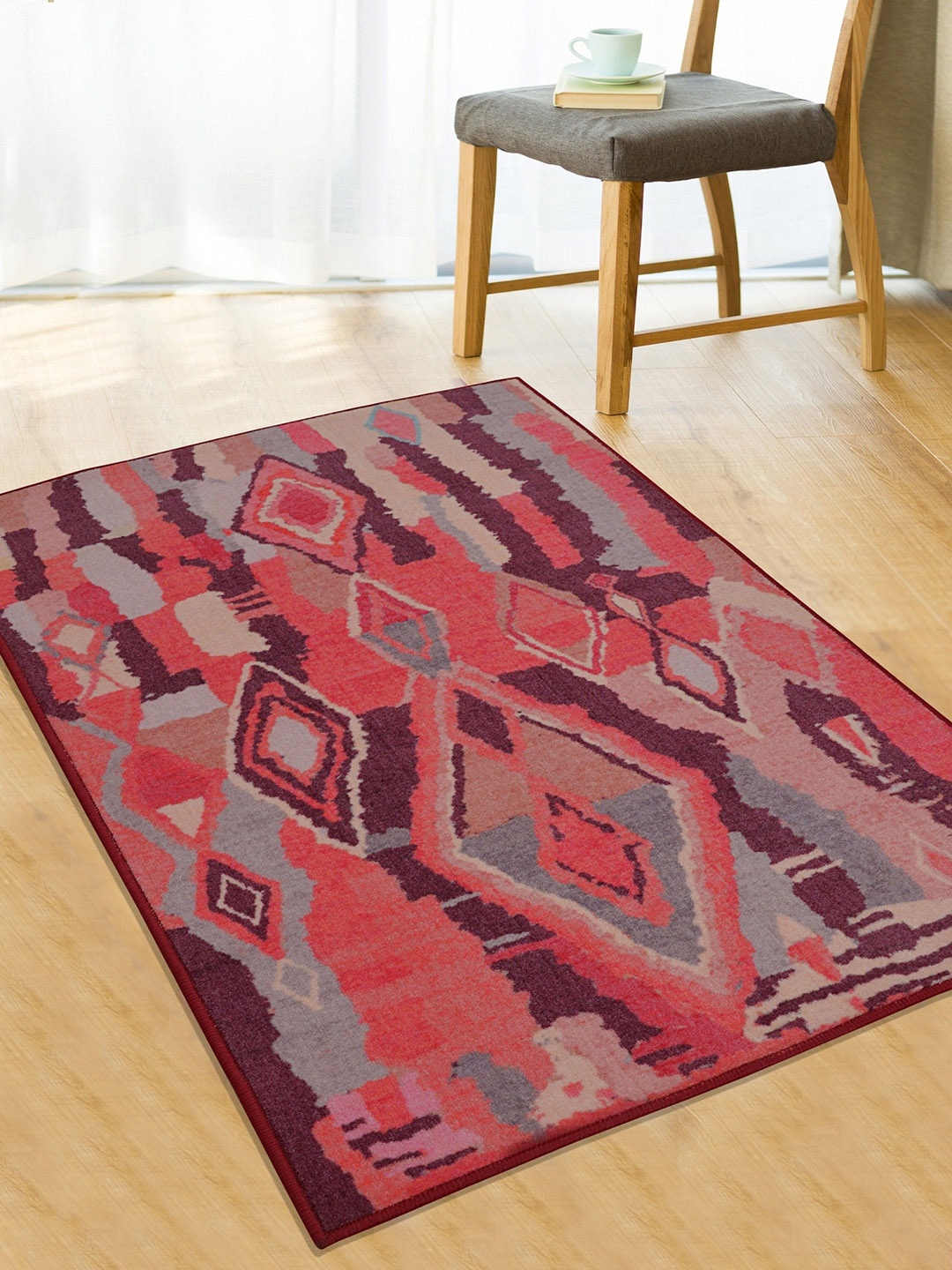 

RUGSMITH Coral-Red & Brown Printed Anti-Skid Casablanca Carpet