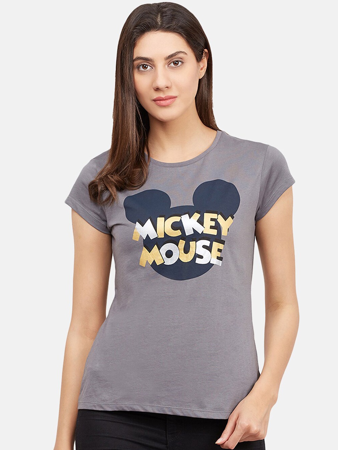 

Free Authority Women Grey & Navy Blue Mickey Mouse Printed T-shirt