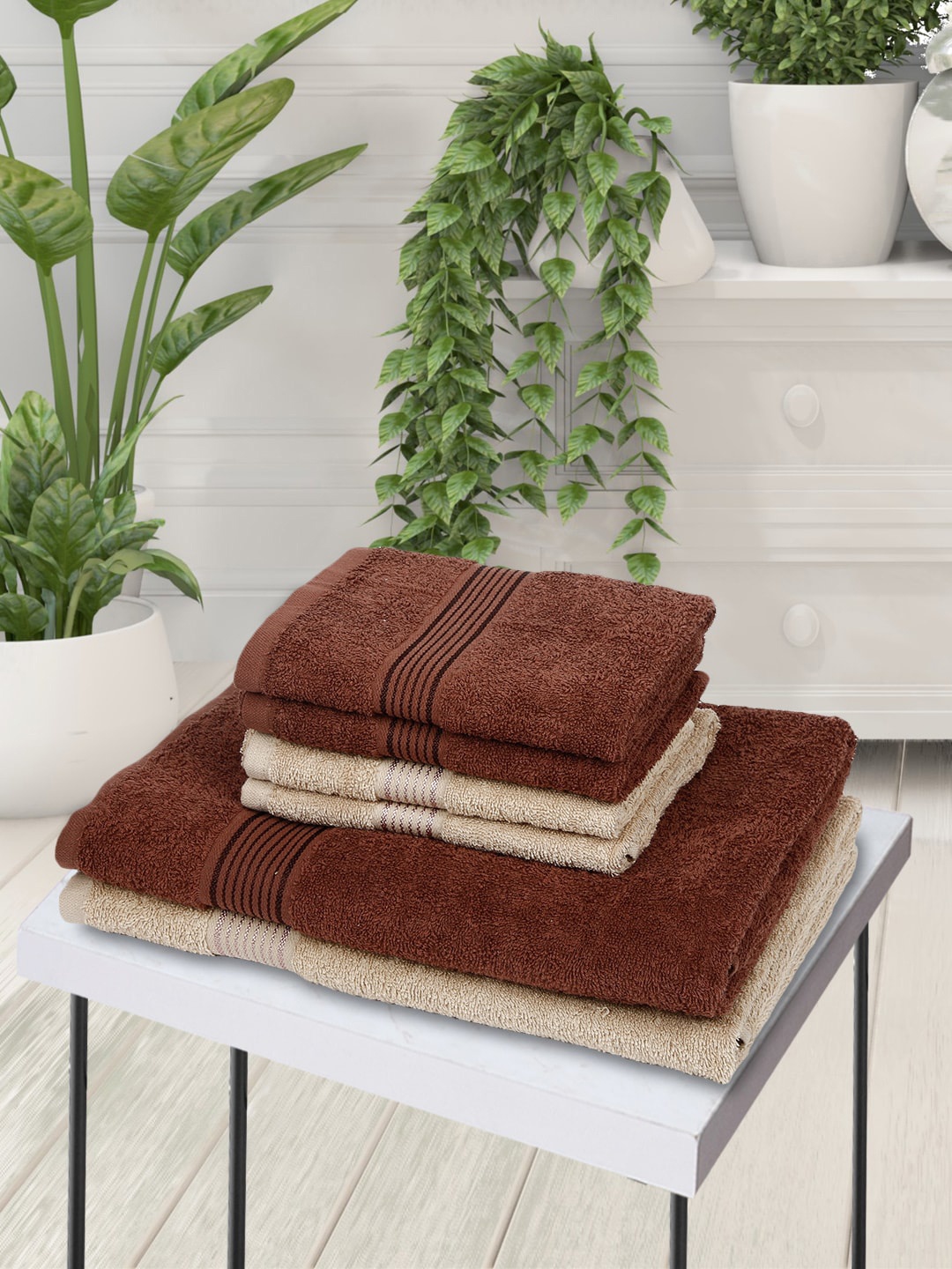 KOPA Set Of 6 Solid Pure Cotton 380 GSM Towel Set, Brown