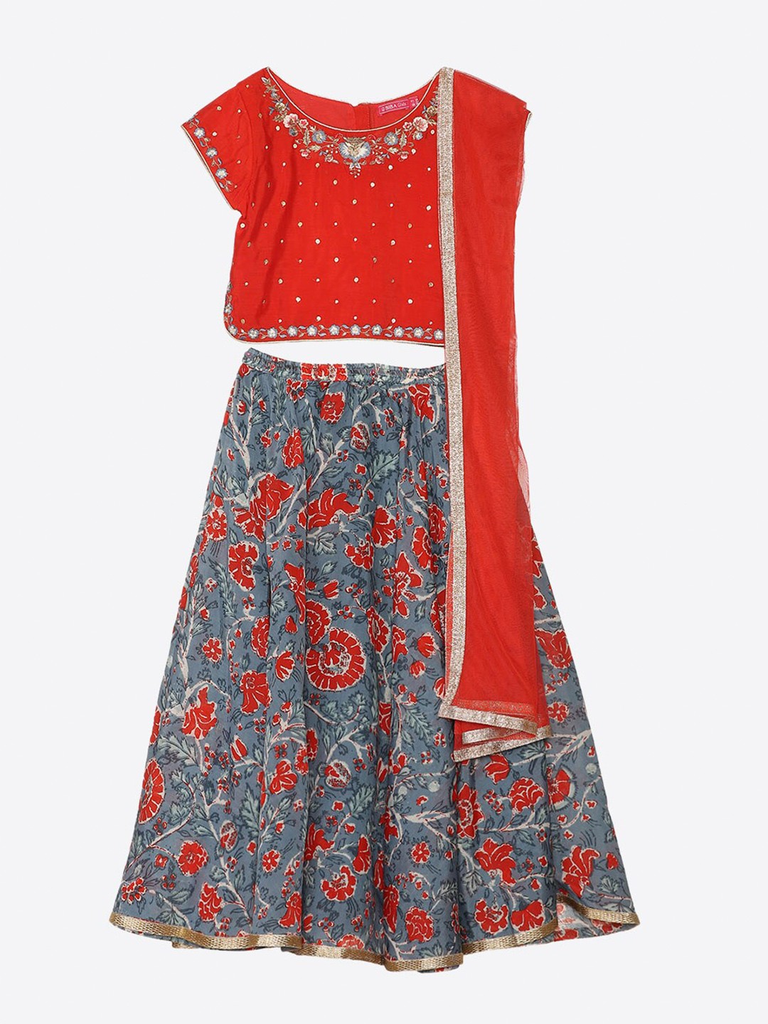 

Biba Girls Red & Blue Embellished Ready to Wear Lehenga & Blouse with Dupatta