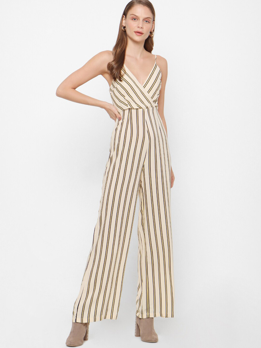 

FOREVER 21 Women Beige & Yellow Striped Basic Jumpsuit