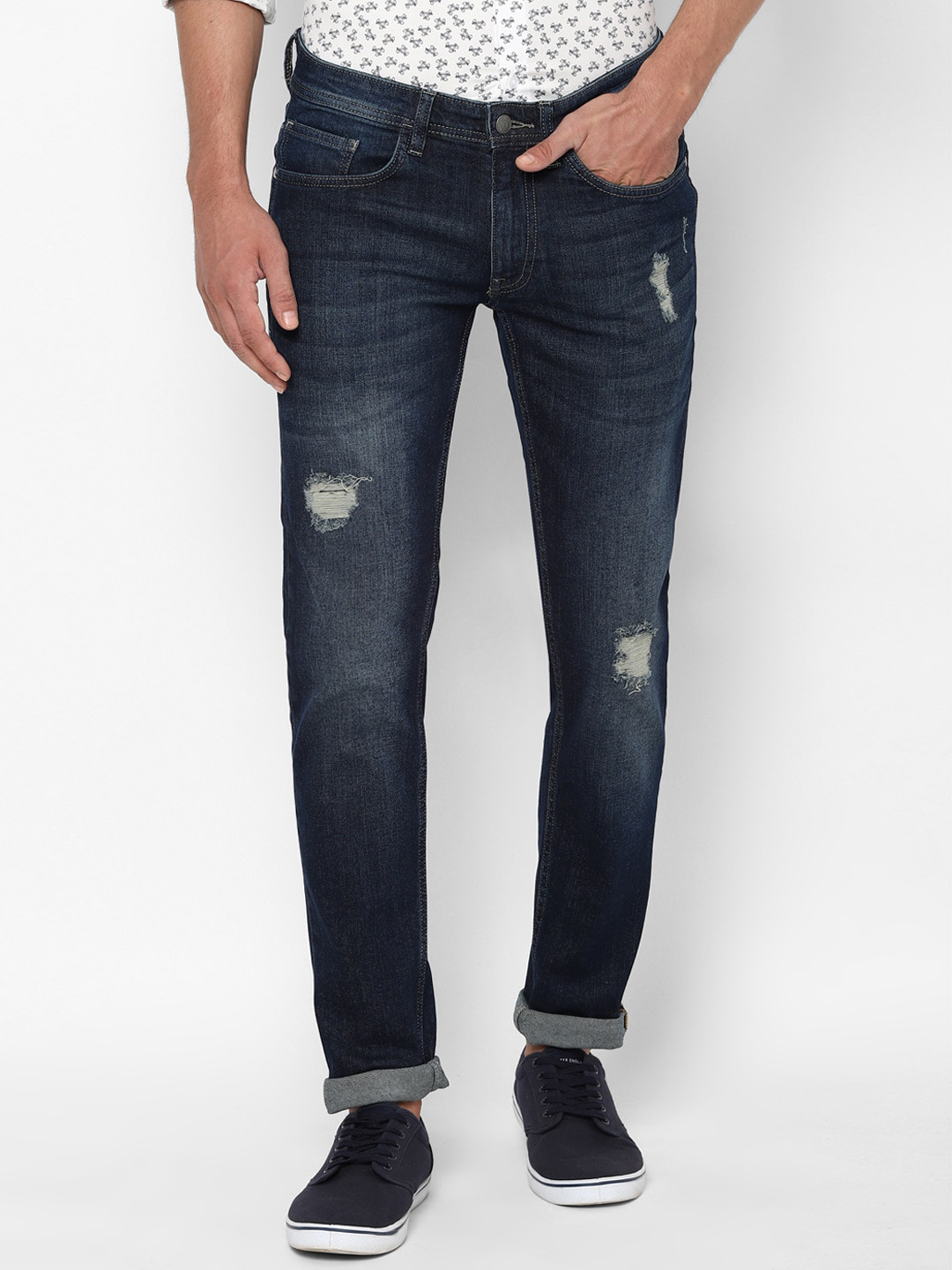 

Allen Solly Men Navy Blue Skinny Fit Mildly Distressed Light Fade Stretchable Jeans