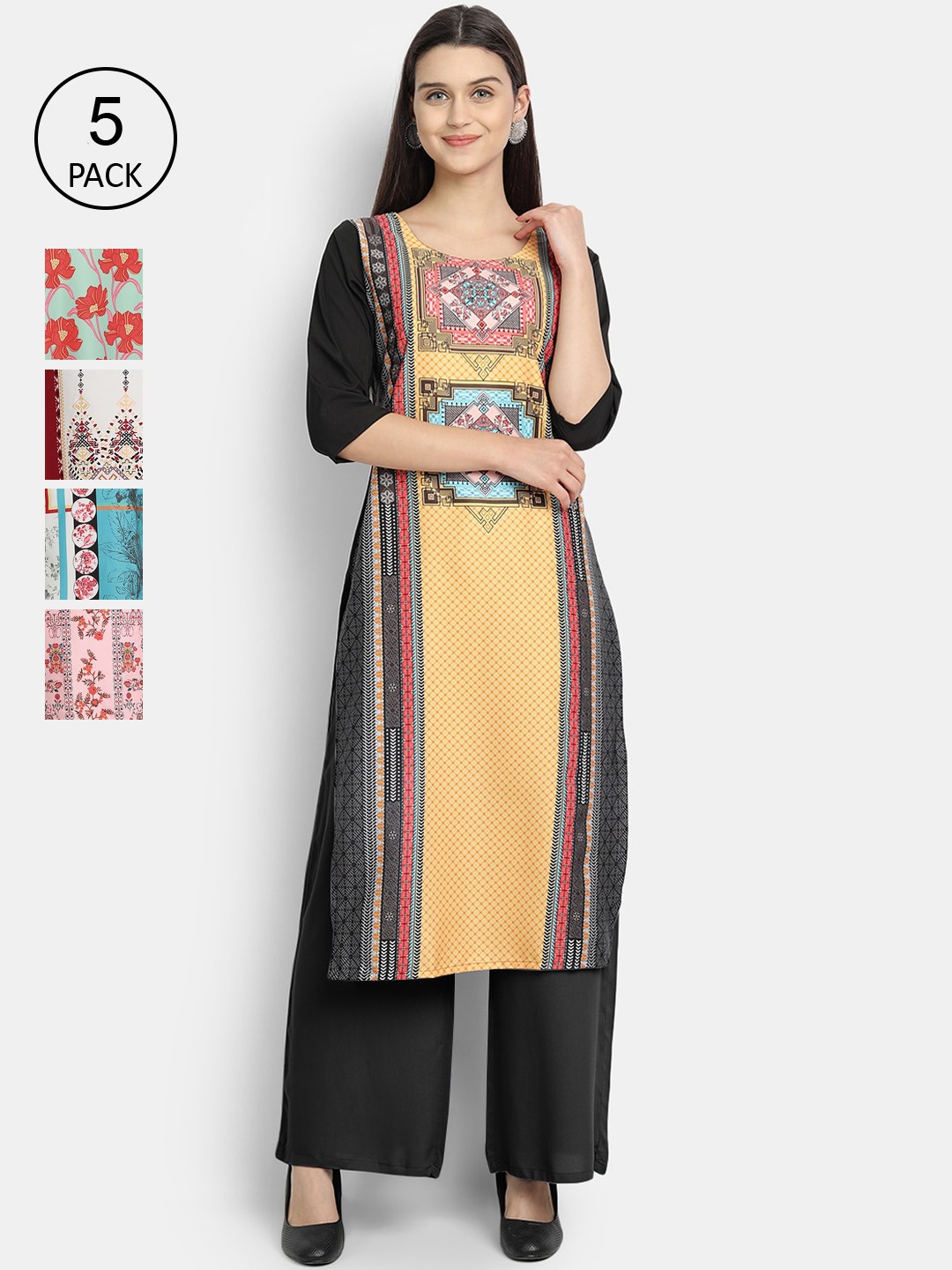 

Ethnic basket Women Pack of 5 Ethnic Motifs Printed Crepe Kurta, Multi