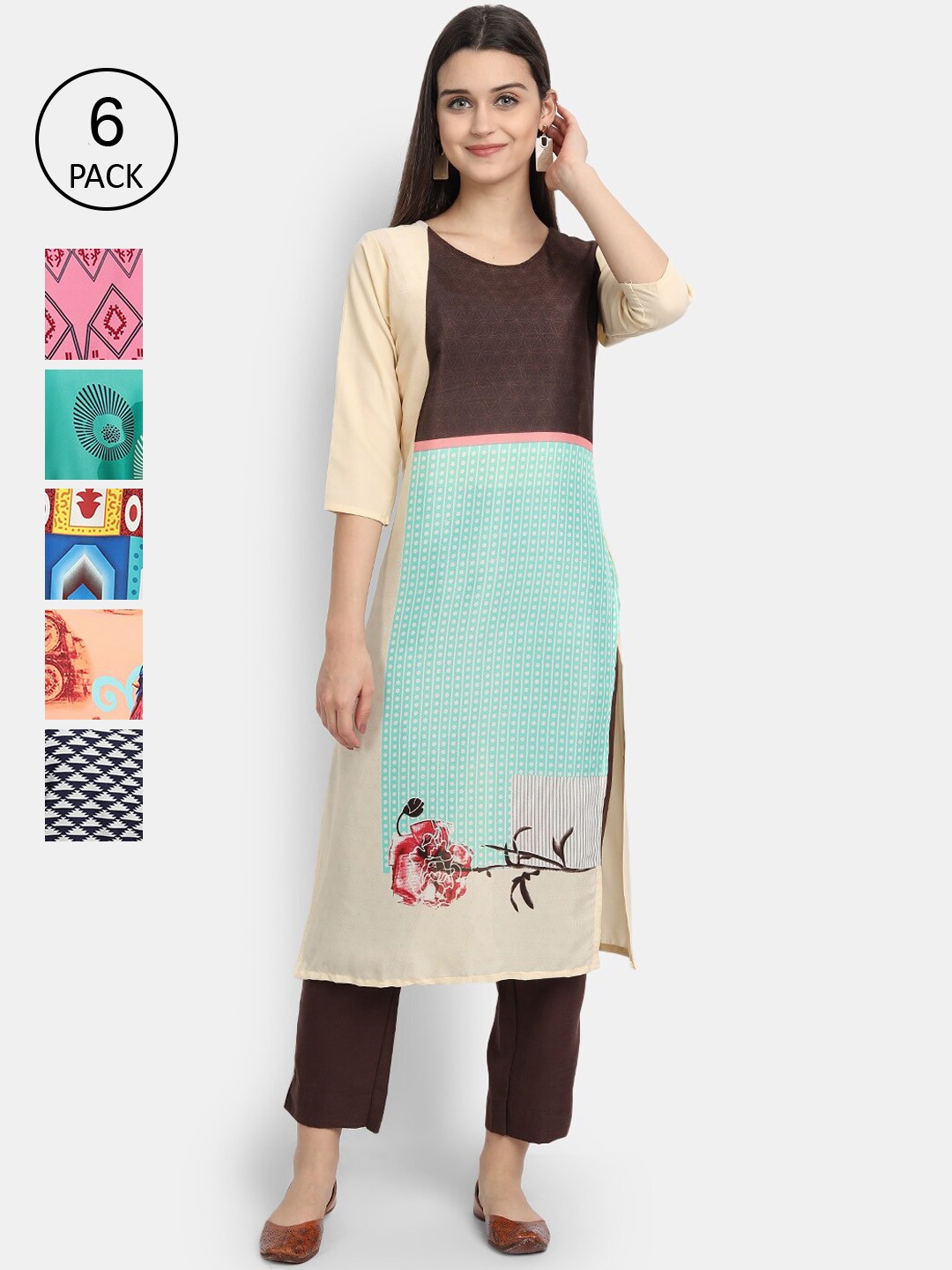 

Ethnic basket Women Pack Of 6 Printed Crepe Kurtas, Multi