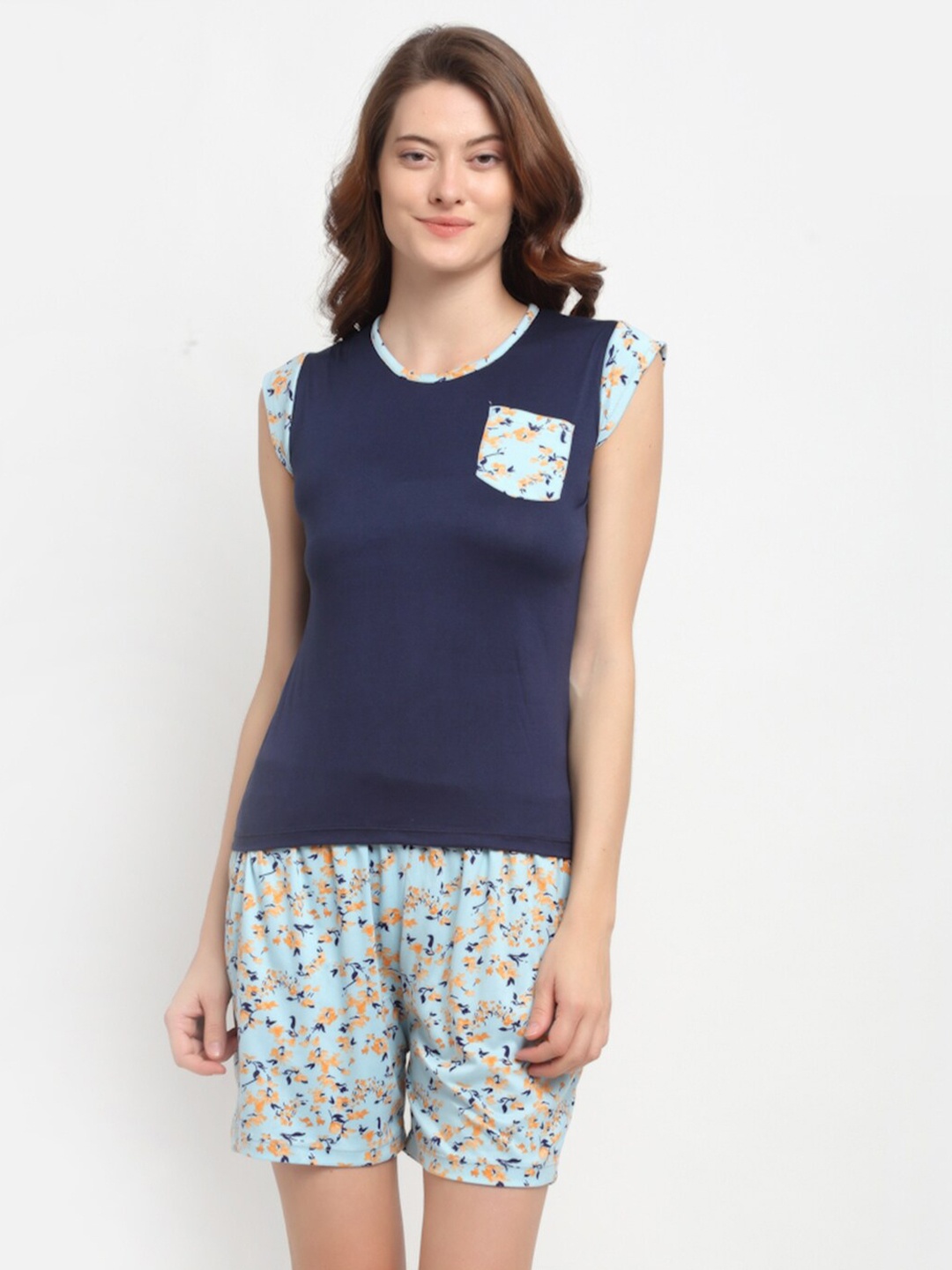NEUDIS Women Navy Blue & Mustard Solid Night suit