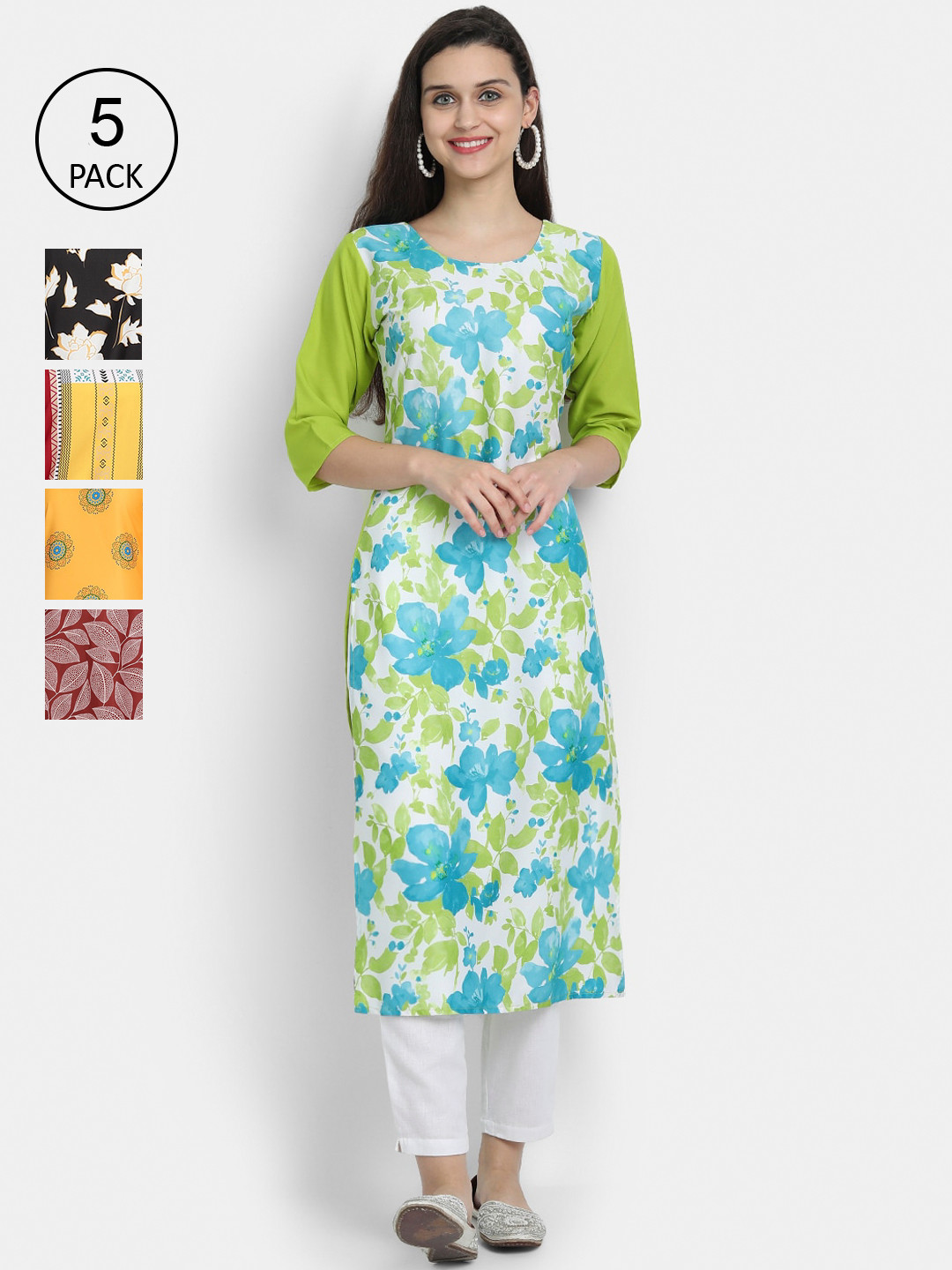 

Ethnic basket Pack of 5 Women Multicoloured Floral Printed Crepe Kurta, Multi