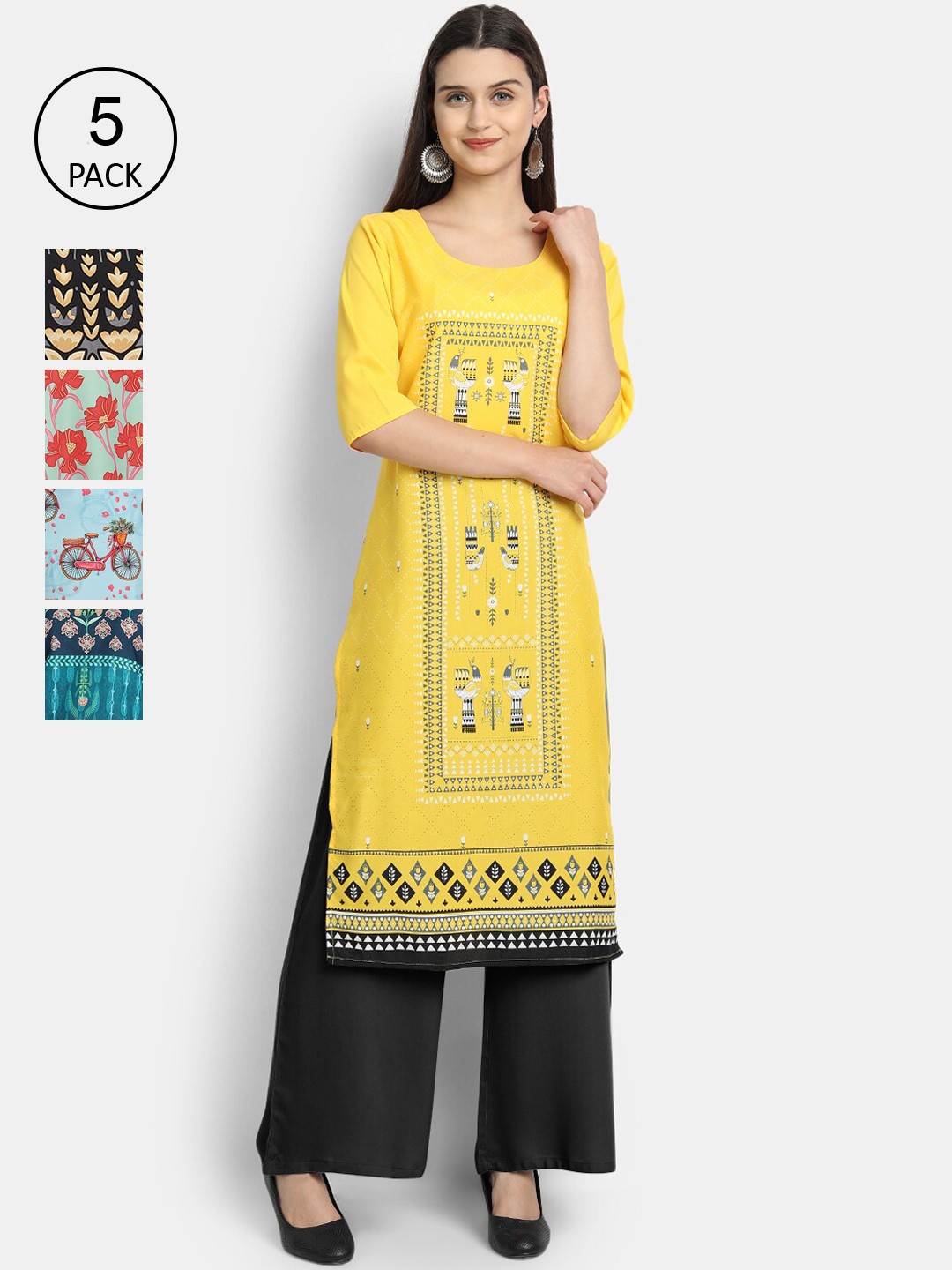 

Ethnic basket Pack of 5 Women Multicoloured Ethnic Motifs Printed Crepe Kurta, Multi