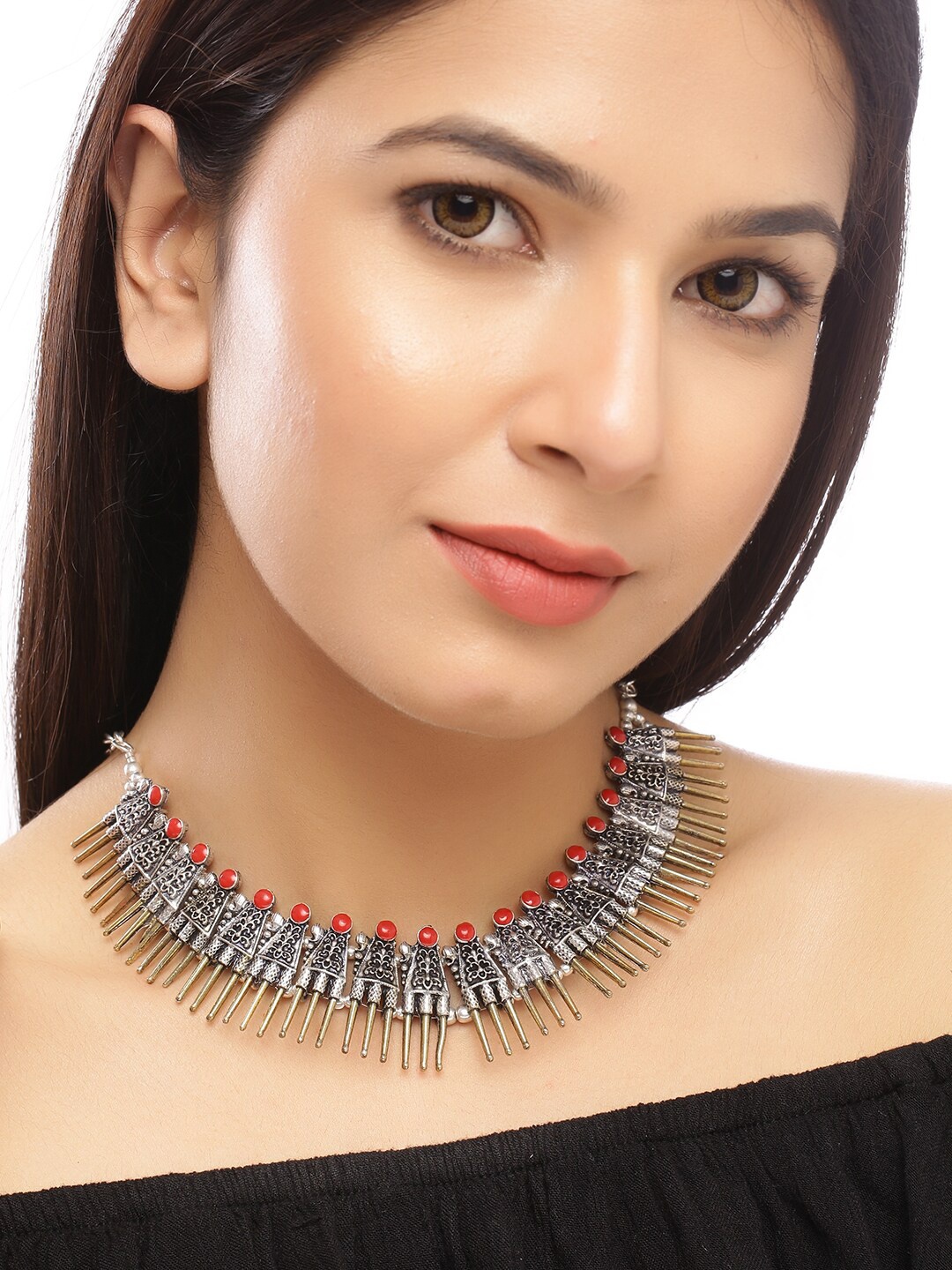 

Silvermerc Designs Women Silver Oxidised Tribal Necklace