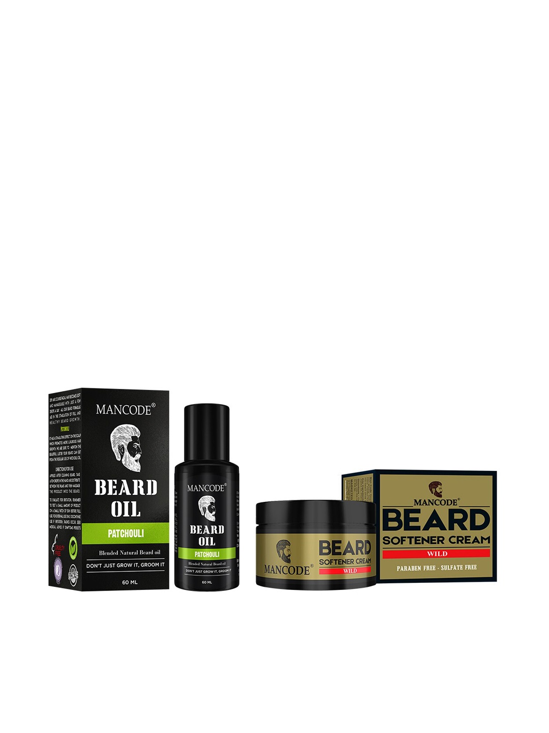 

Mancode Set of 2 Beard Oil Patchouli & Beard Softening Cream Wild 50gm, Black