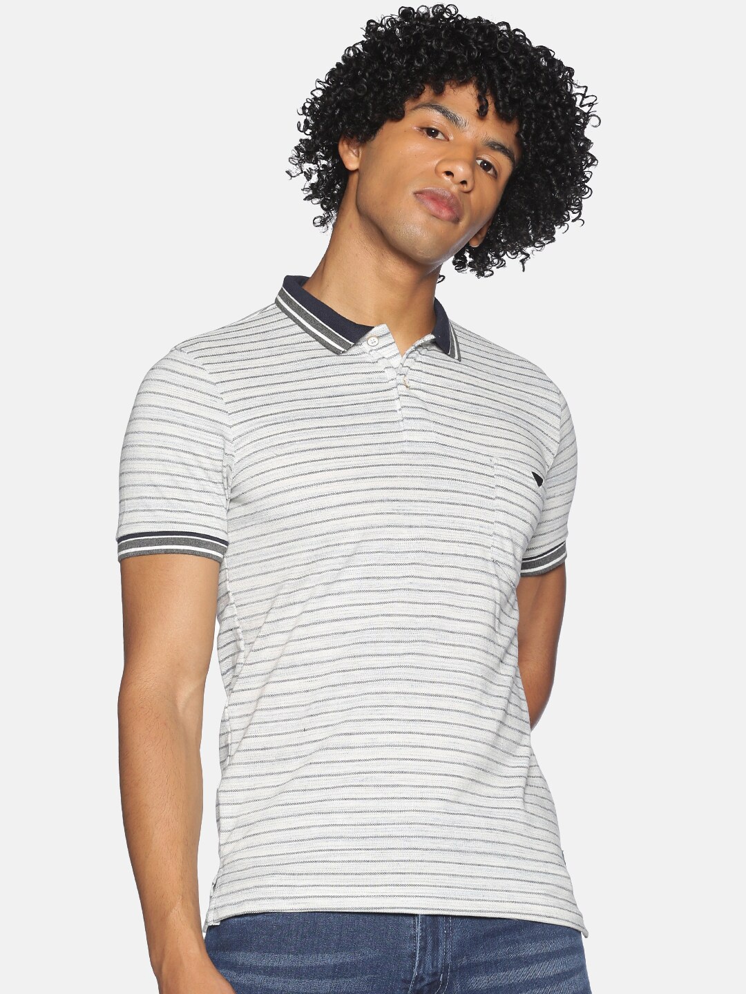 

Campus Sutra Men Grey Melange Striped Cotton Polo Collar T-shirt