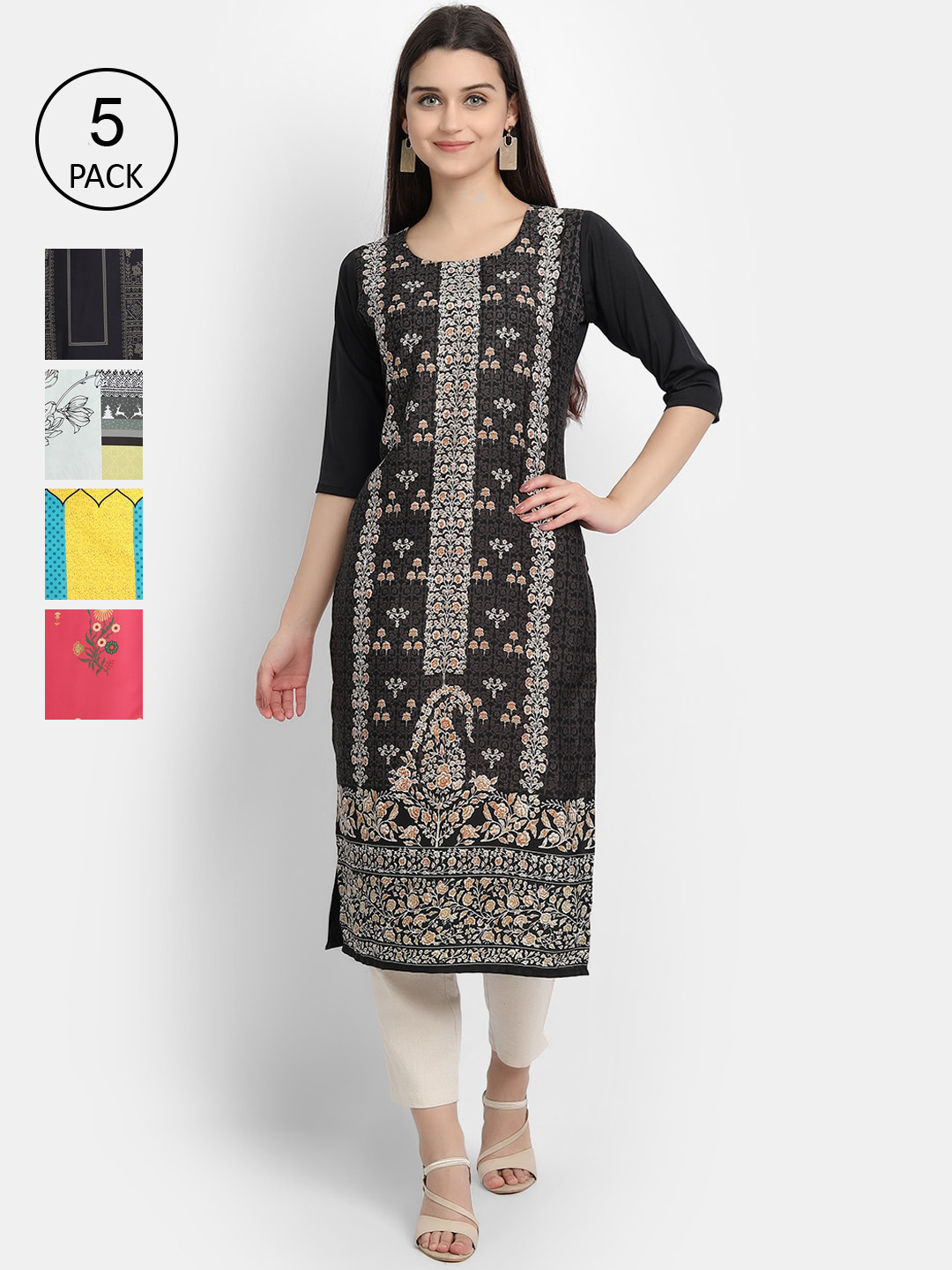 

Ethnic basket Women Pack Of 5 Ethnic Motifs Printed Crepe Kurta, Multi