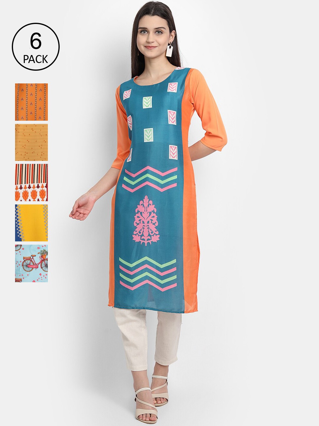

Ethnic basket Women Pack of 6 Geometric Printed Crepe Kurta, Multi