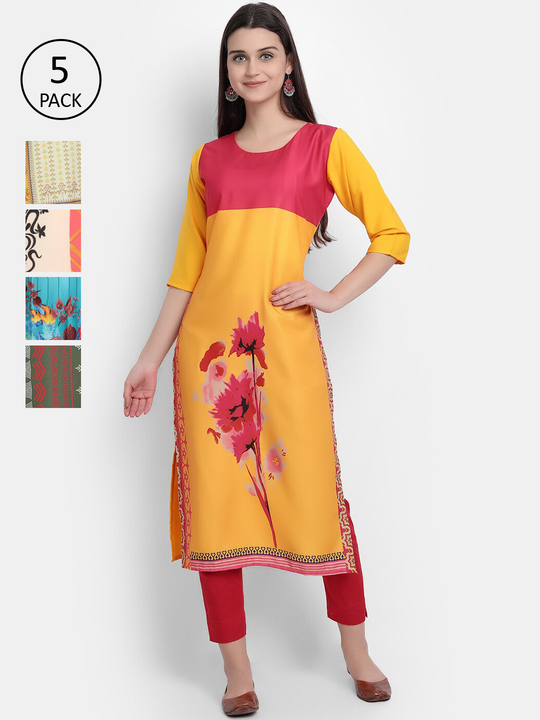 

Ethnic basket Women Pack Of 5 Ethnic Motifs Printed Crepe Kurta, Multi