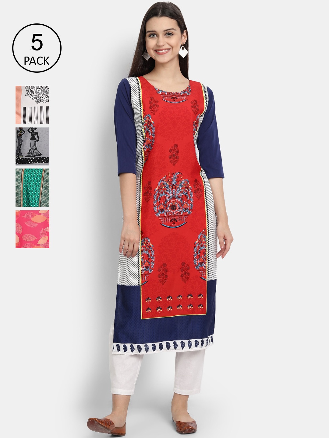 

Ethnic basket Women Pack Of 5 Ethnic Motifs Printed Crepe Kurta, Multi