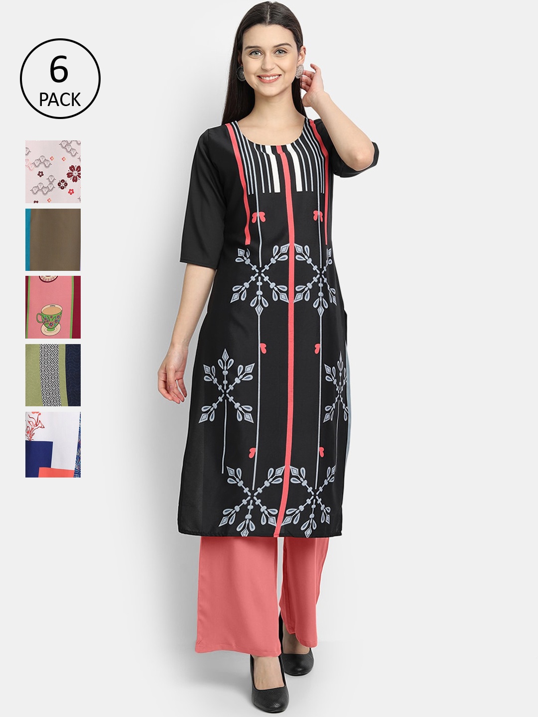 Ethnic basket Women Pack of 6 Ethnic Motifs Printed Crepe Kurta, Black