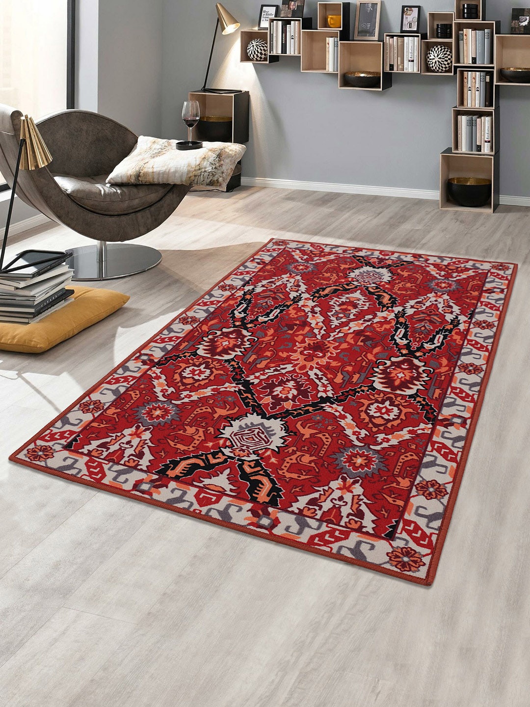 

RUGSMITH Red & Orange Printed Anti-Skid Light Carpet
