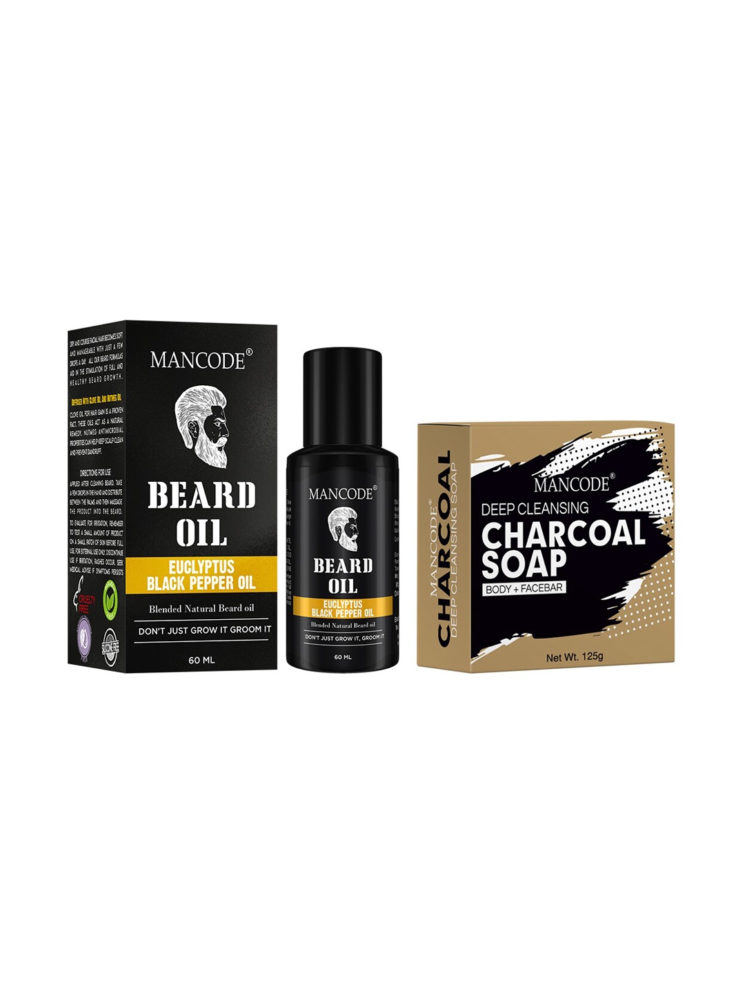 MANCODE Pack of 2 Eucalyptus Beard Oil & Charcoal Deep Cleansing Soap, Black