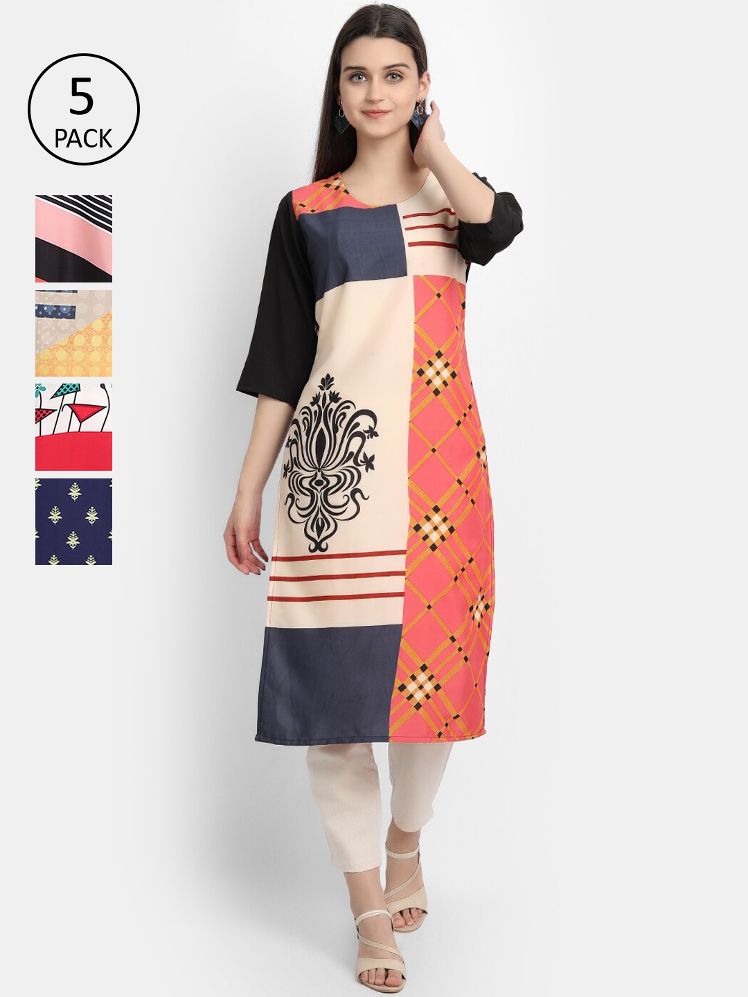 

Ethnic basket Women Pack Of 5 Ethnic Motifs Printed Crepe Kurta, Multi