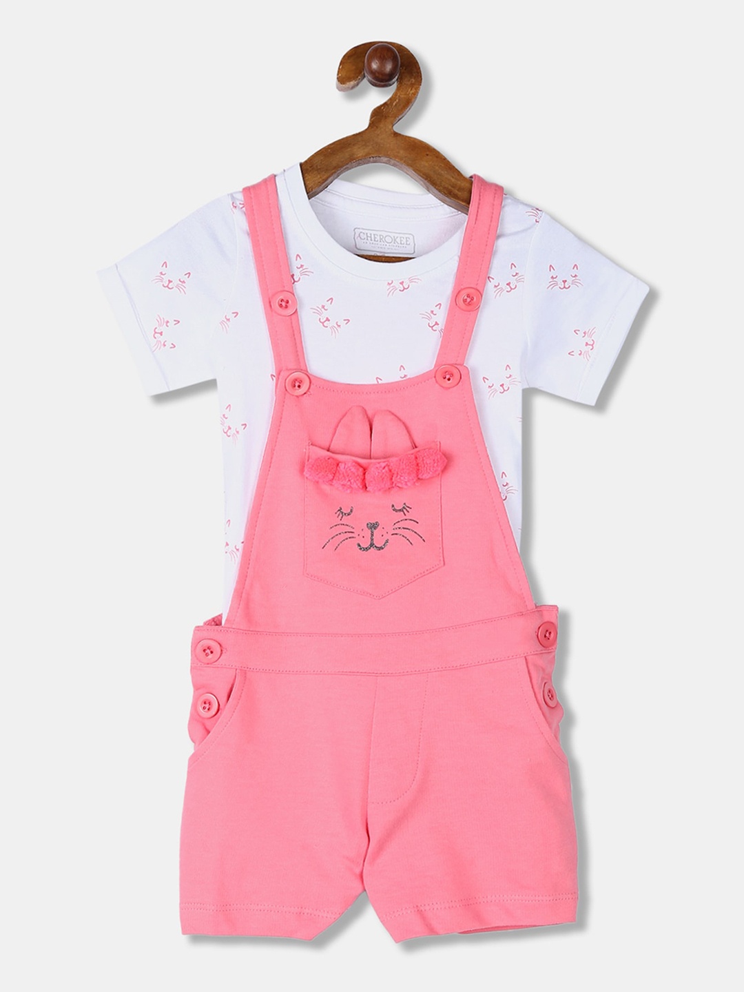 

Cherokee Girls Pink & White Pure Cotton Dungarees With T-Shirt
