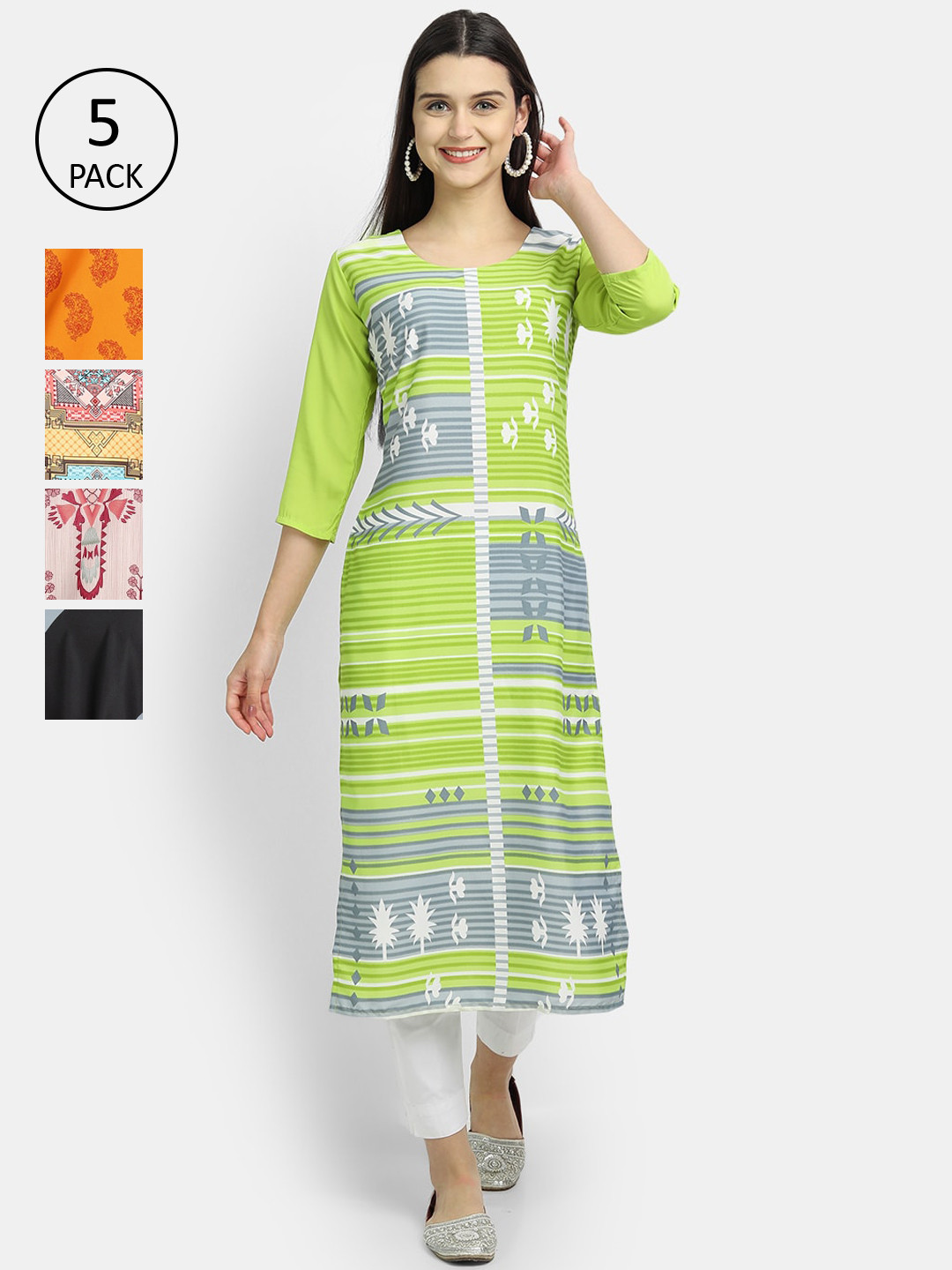 

Ethnic basket Women Pack Of 5 Ethnic Motifs Printed Crepe Kurta, Multi