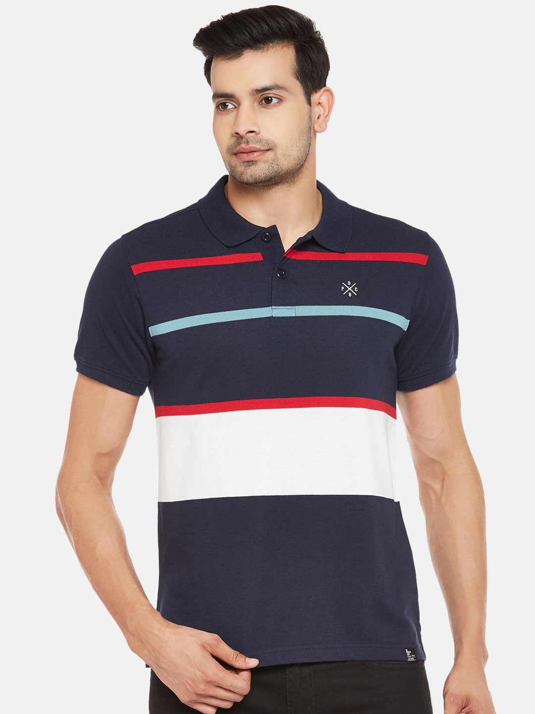 

People Men Navy Blue & White Polo Collar T-shirt