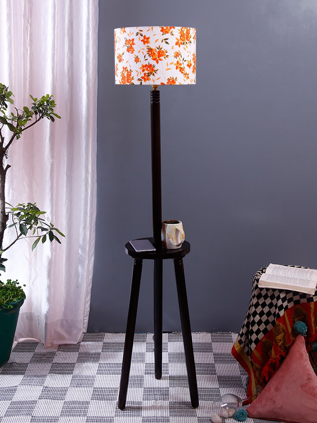 

Devansh White & Orange Printed Traditional Shelf Lamp with Shade