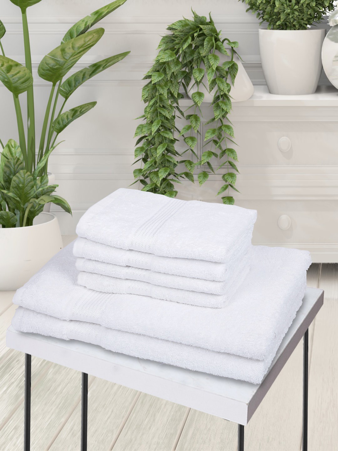 KOPA Set Of 6 White Solid Pure Cotton 380 GSM Super-Soft Bath Towels