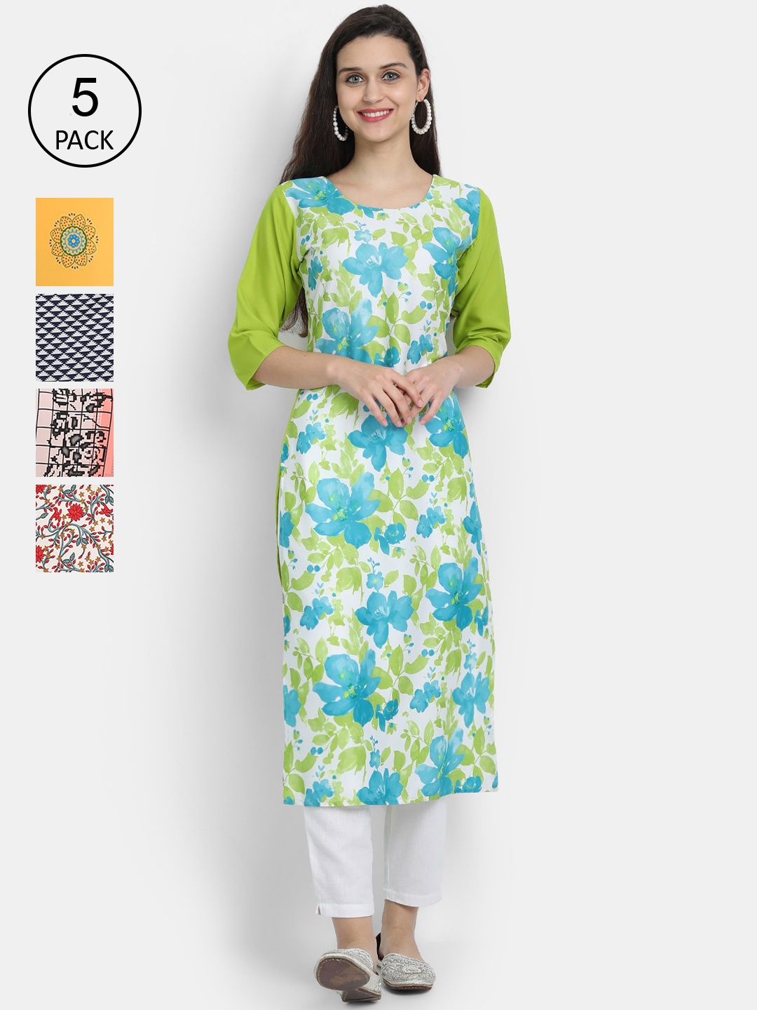 Ethnic basket Women Pack Of 5 Printed Crepe Kurta, Green
